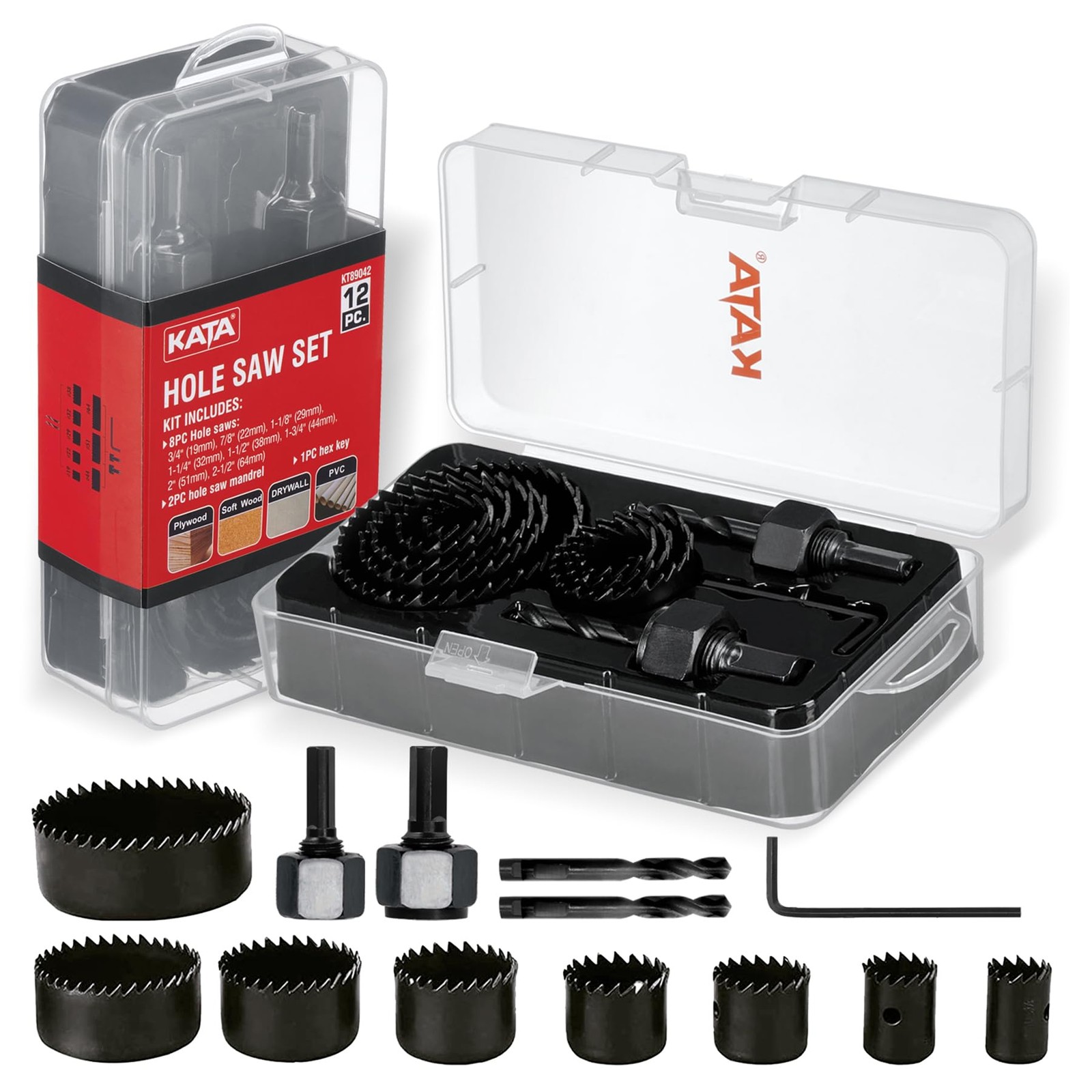 KATA 12PCS Hole Saw Kit 3/4"-2-1/2" (19-64mm) Set with