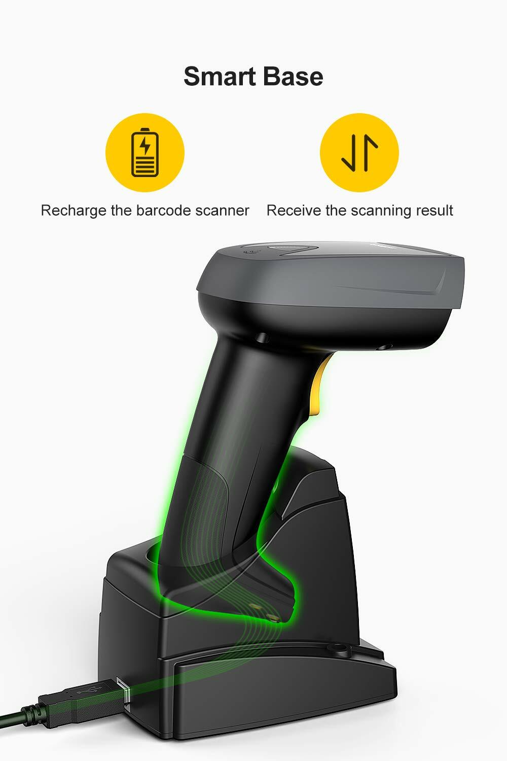 1D 2D Barcode Scanner Wireless Bluetooth QR Code Gun Read Screen Smart Base