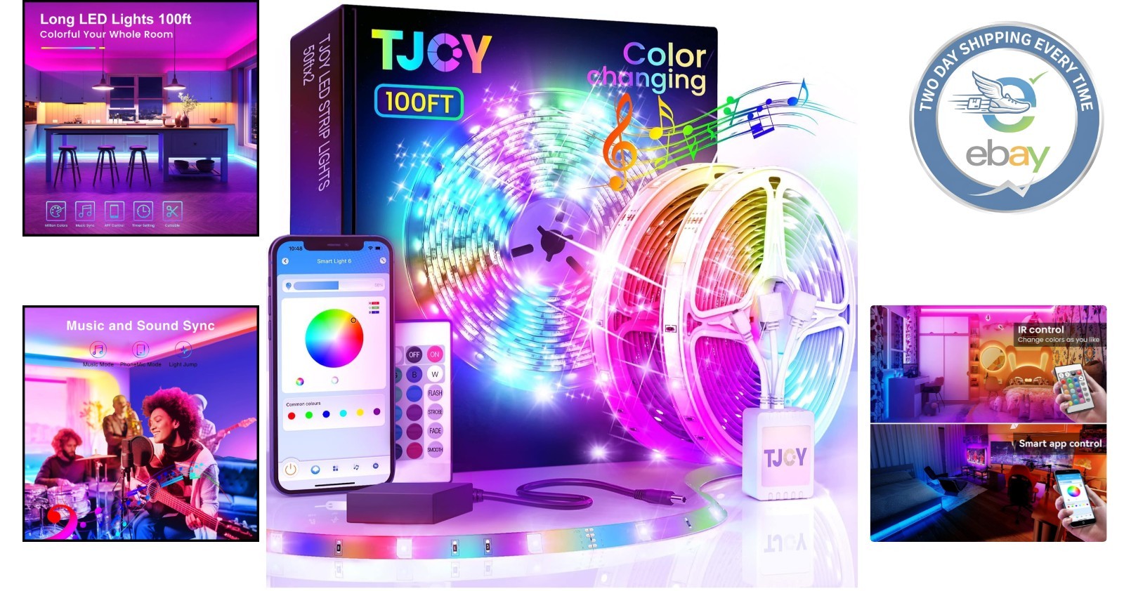Long 100ft LED Strip Lights for Bedroom & Kitchen - Remote & Bluetooth