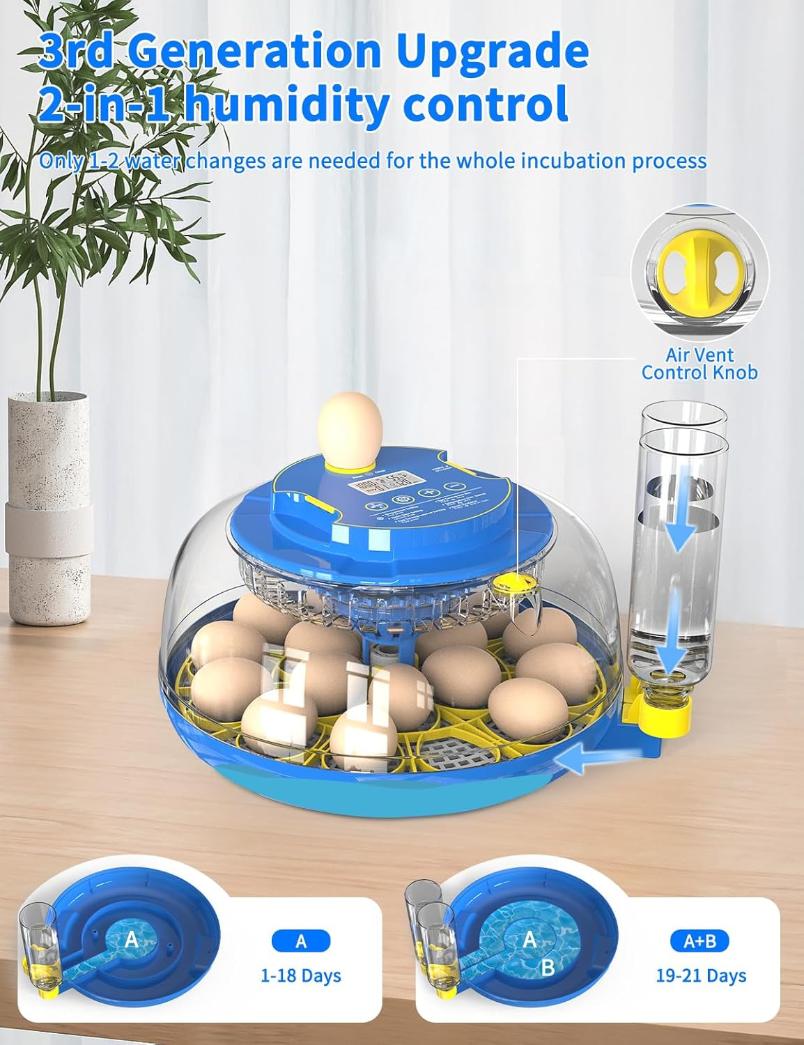 18-Egg 360° Panoramic Egg Incubator with Automatic Egg Turning and Humidity Cont