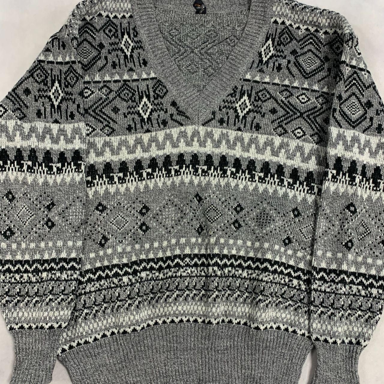 Vintage Abstract Knitted Jumper Patterned Grandad Chunky V-Neck Knit Sweater