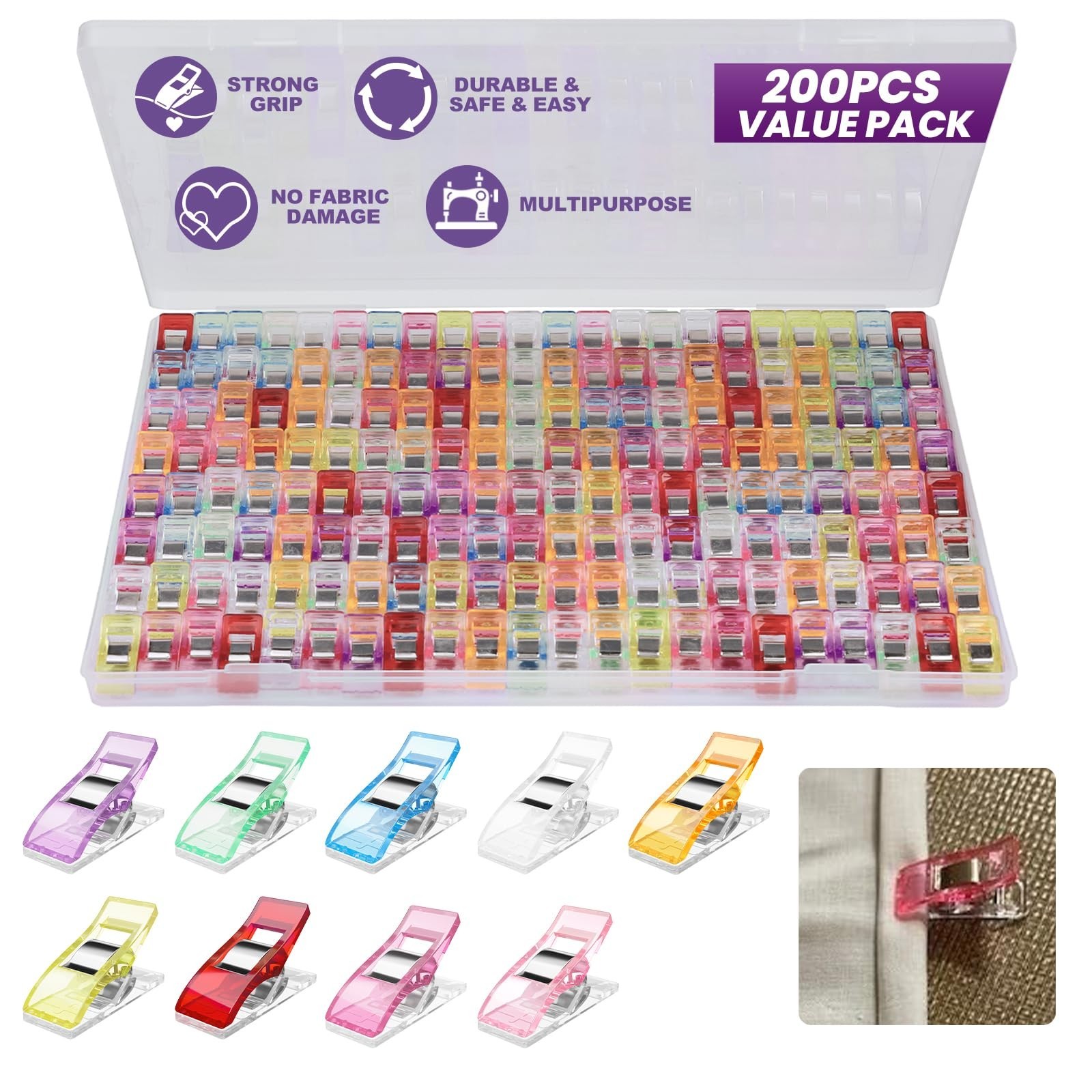 200pcs Sewing Supplies Multipurpose Quilt Clip for Fabric Multi-Colored Plast...