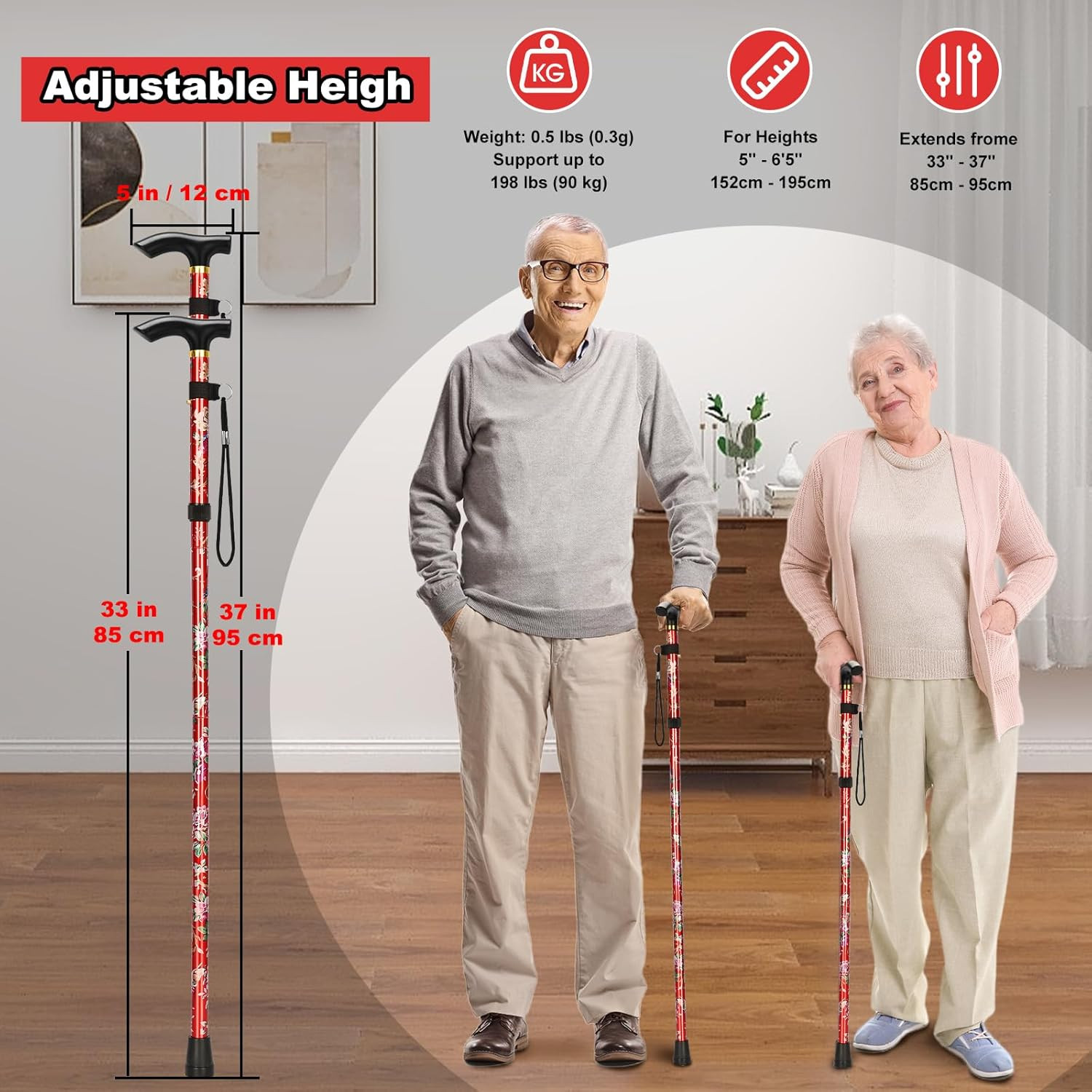 Folding Cane, Portable 5-Level Adjustable Height Walking Stick with Foldable ...