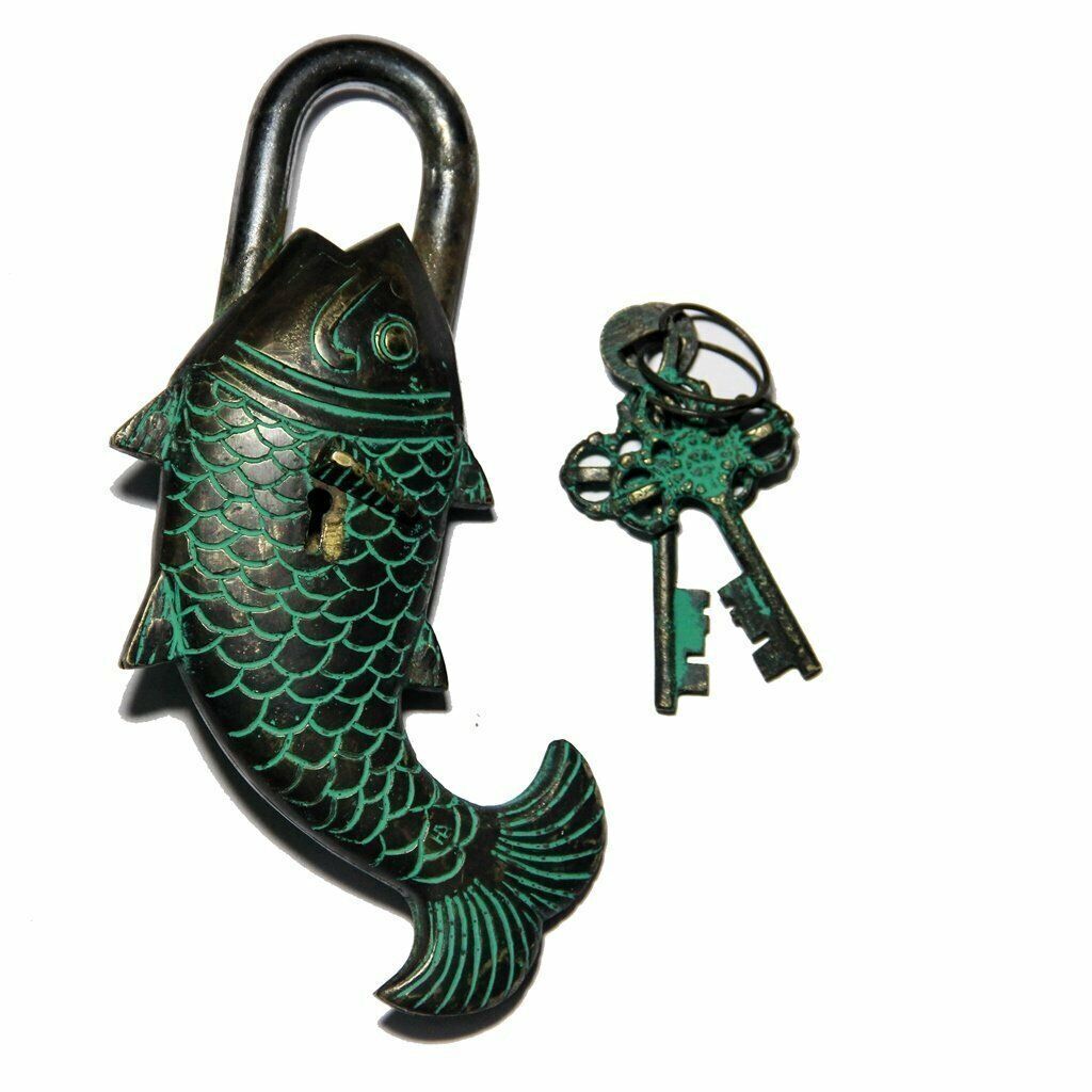 Handmade Vintage Style Fish shape Padlock with 2 Keys Working Functional