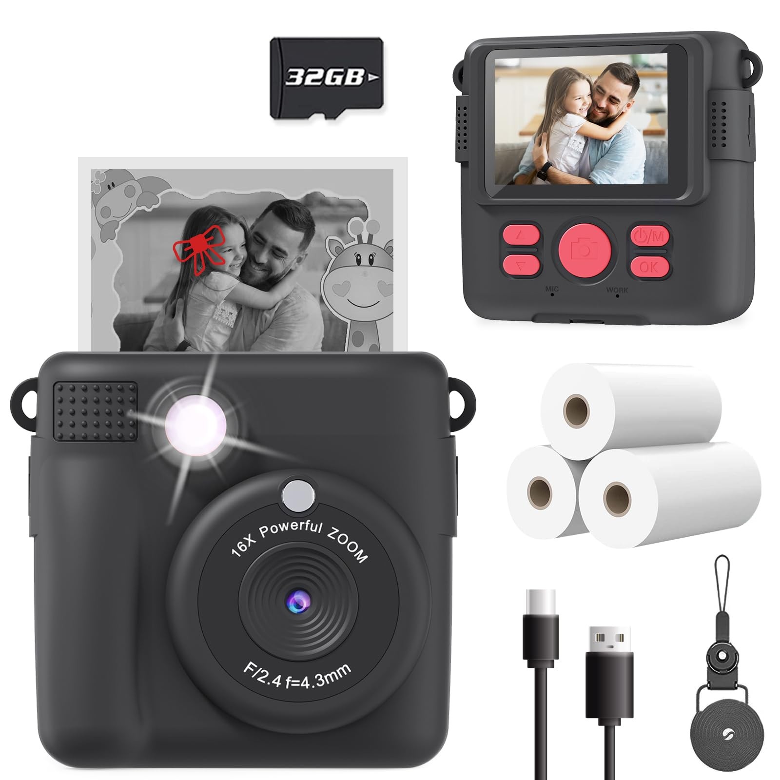 Kids Camera Instant Print, Christmas Birthday Gifts for Kids Age 3-12, Selfie...