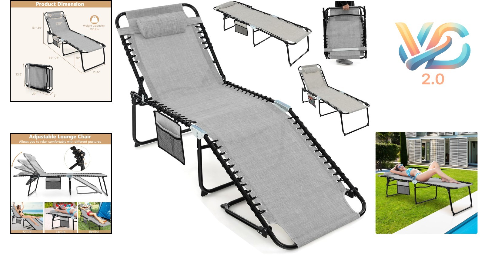 Grey Foldable Patio Lounge Chair with Headrest, 4-Position Adjustable Backrest