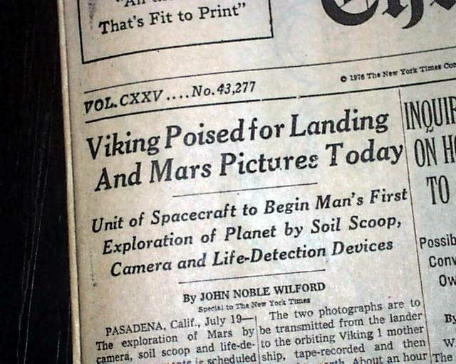 VIKING 1 NASA 1st Spacecraft to Land on Surface of MARS (Day of) 1976 Newspaper