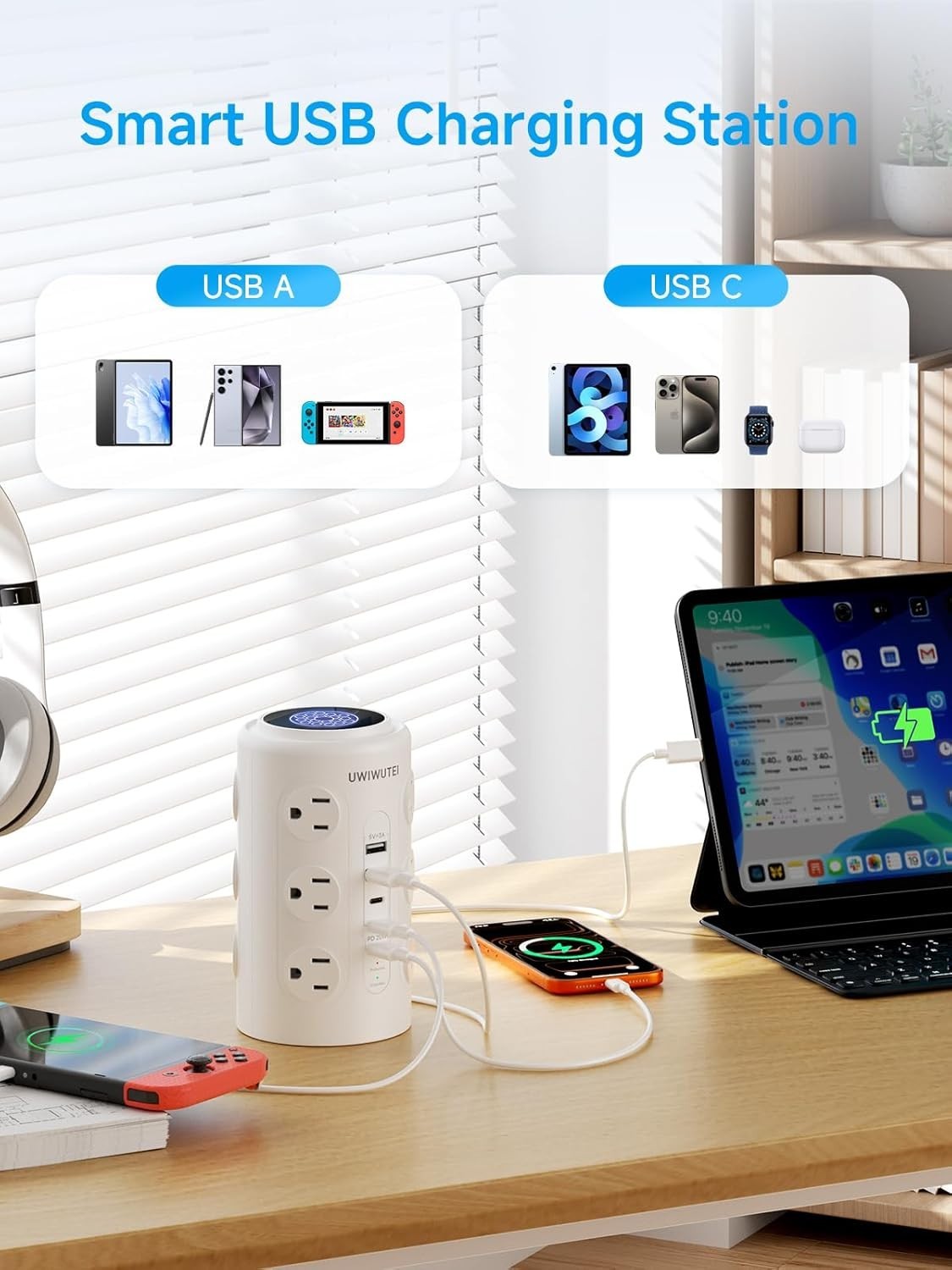 Vertical Charging Station with 12 Outlets, 5 USB Ports