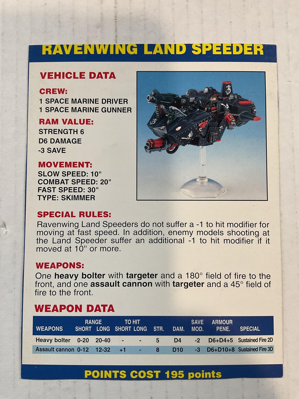 Games Workshop Dark Angels Ravenwing Land Speeder Data Card Warhammer 40K