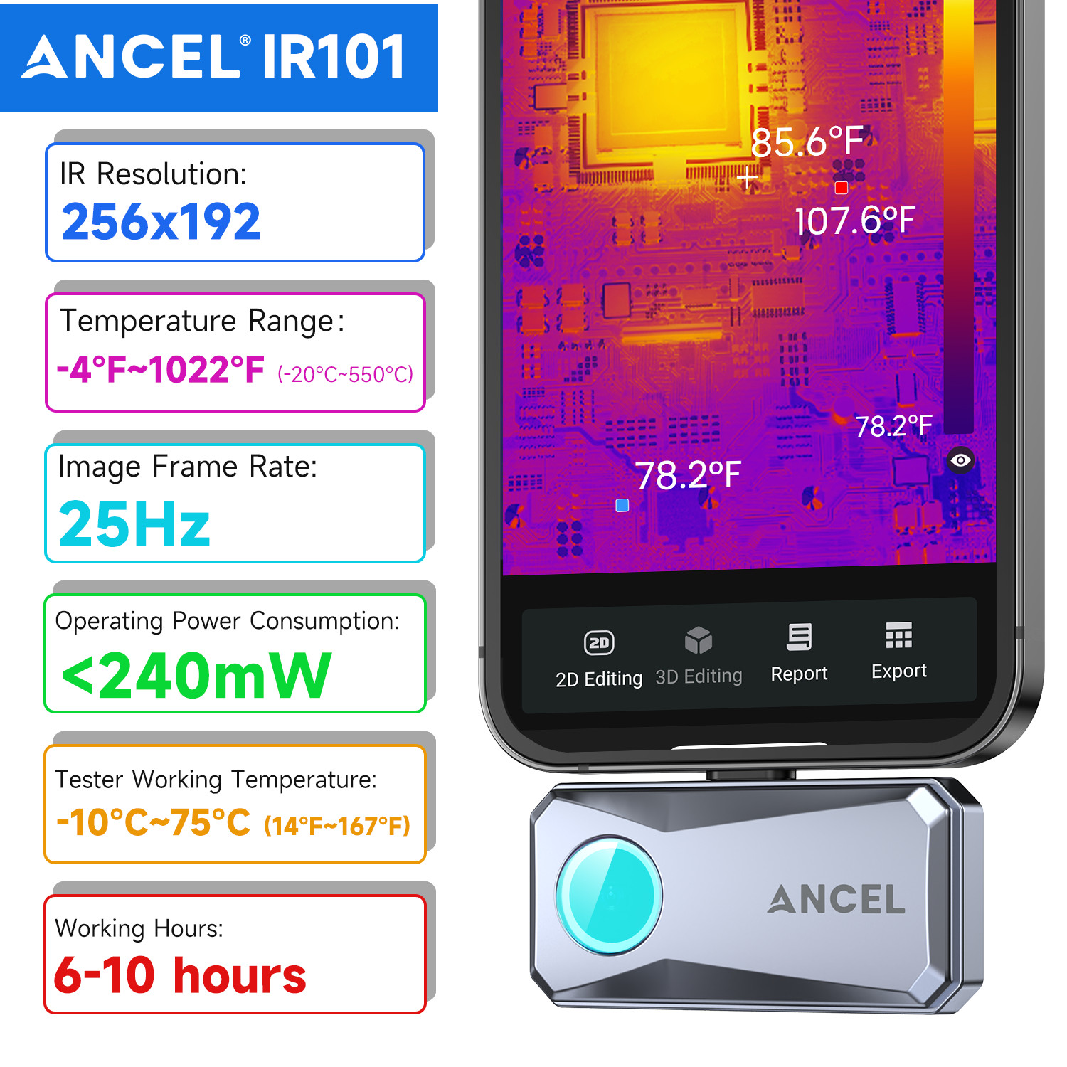 ANCEL IR101 IR Industrie Thermal Camera 256x192 IOS Tablets & PC -4℉ ~ 1022℉