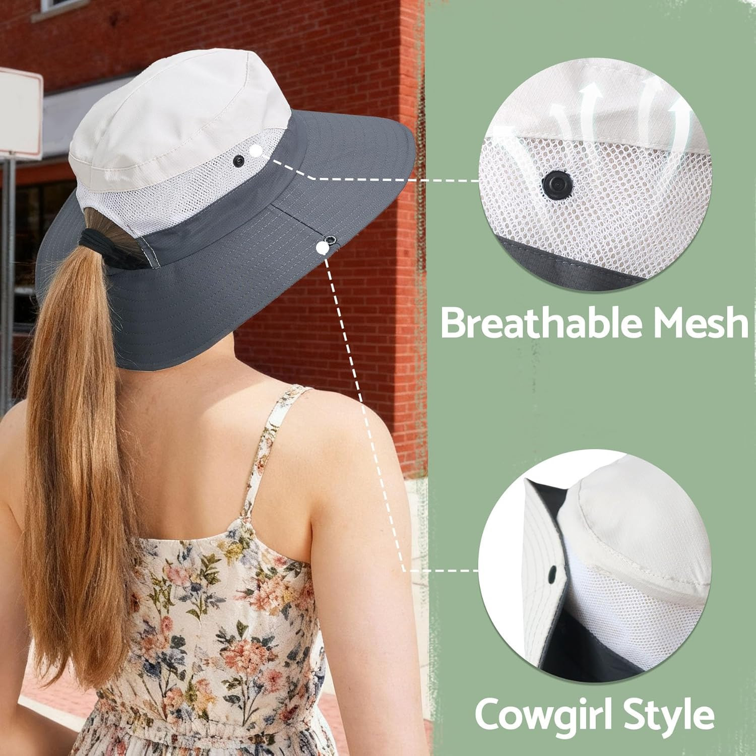 Ponytail Sun Bucket Hats for Men and Women - UPF 50+ Wide Brim Fishing Hats