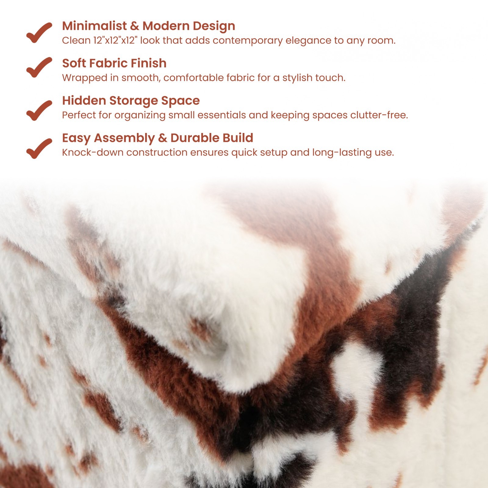 Small Cube Cowhide Brown and white Faux Fur Storage Ottoman | Cube Ottoman | Squ