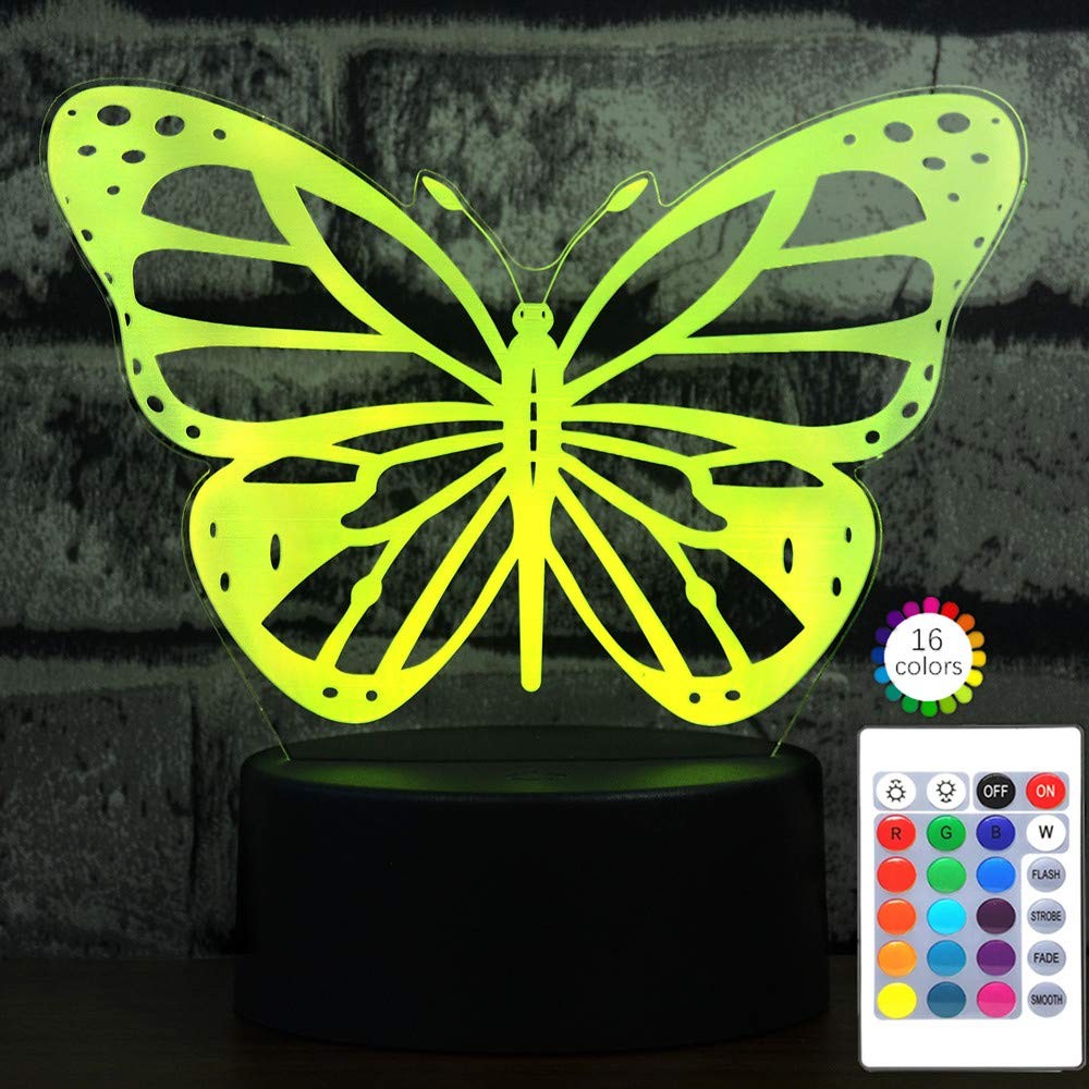 Butterfly 3D Night Light Illusion Lamp Touch Remote 7Color Auto Change USB Cable