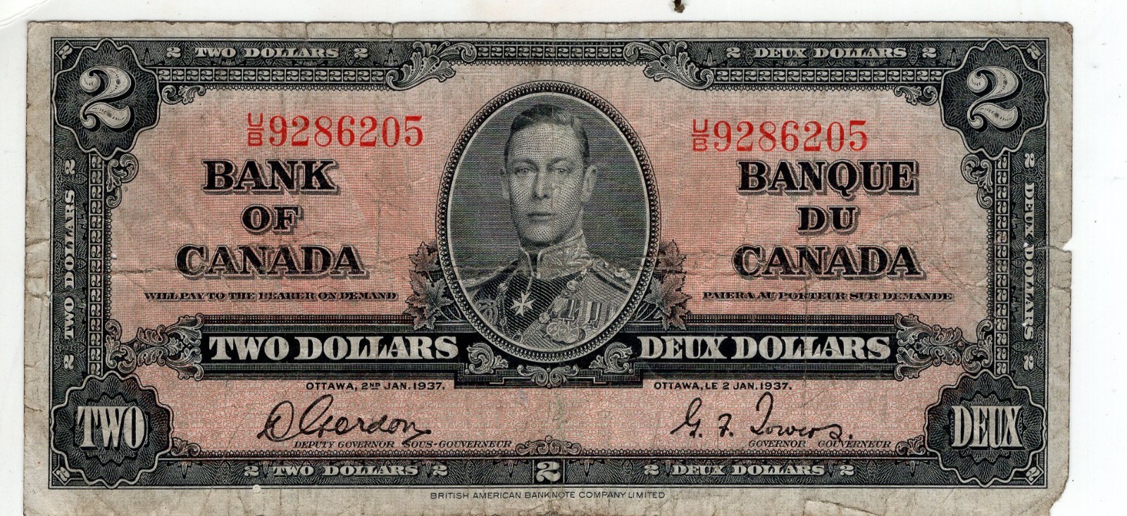 Bank of Canada 1937 $2 Two Dollars Gordon-Towers U/B Prefix VG+