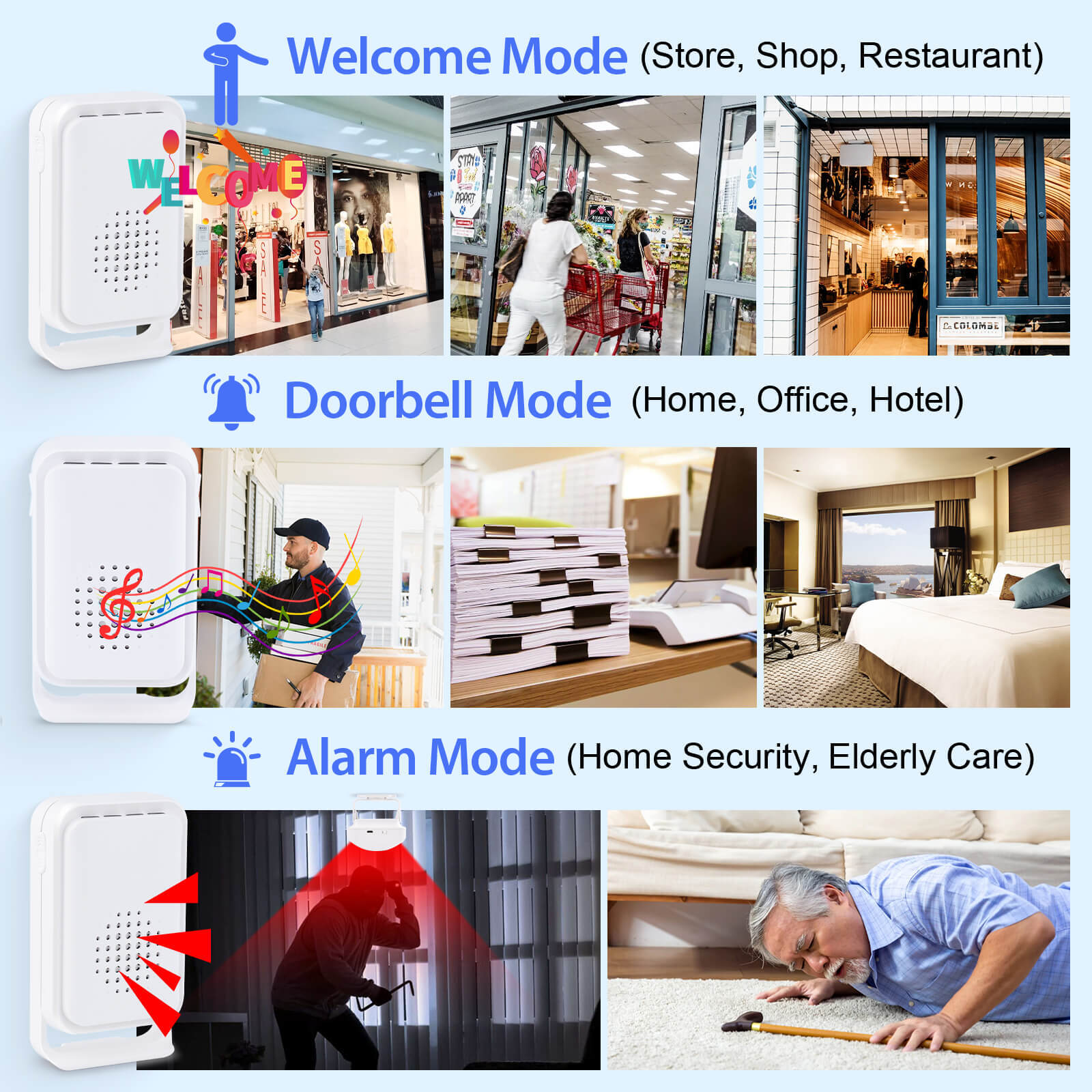 918FT Long Range Wireless Door Chime Entry Motion Sensor Alarm LED Flash