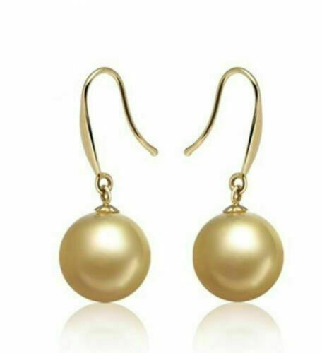 HUGE AAAA 10-11mm real natural golden round South Sea Pearl Earrings 14K gold