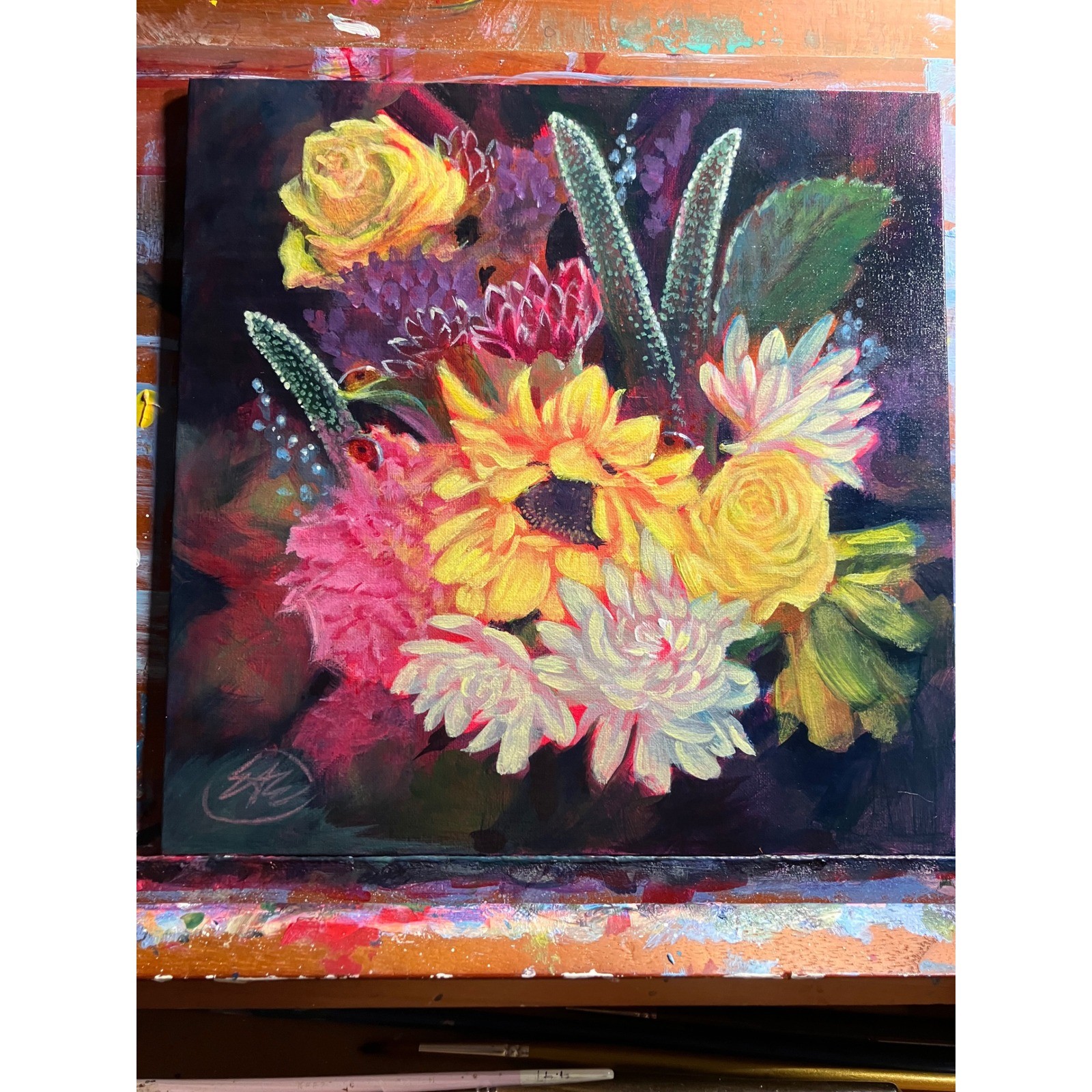 Artettina Original sunflower Painting floral Rose bouquet Art signed 2026 USA