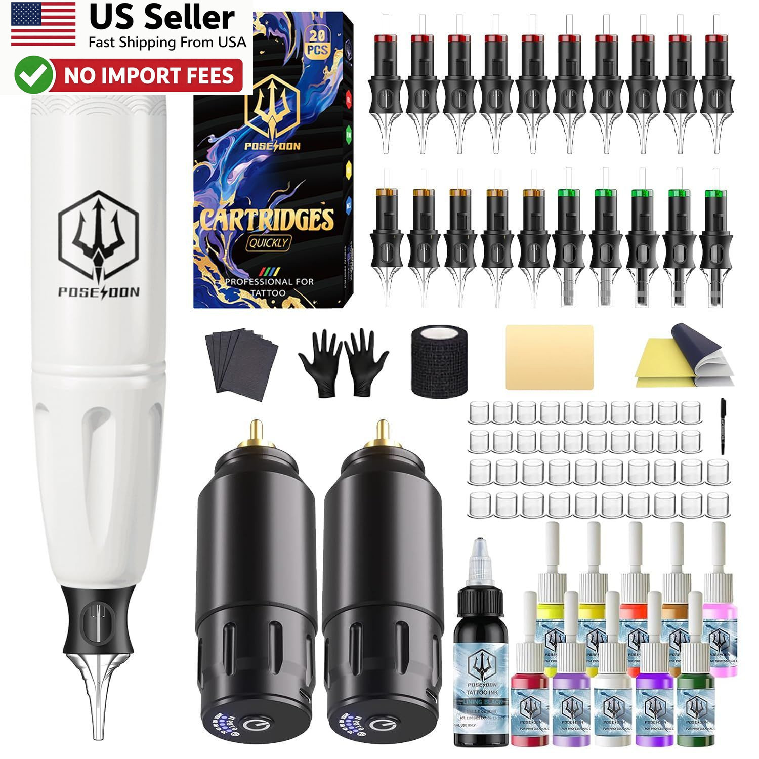 POSEIDON Wireless Rotary Tattoo Machine Kit Ink Batteries FROM USA