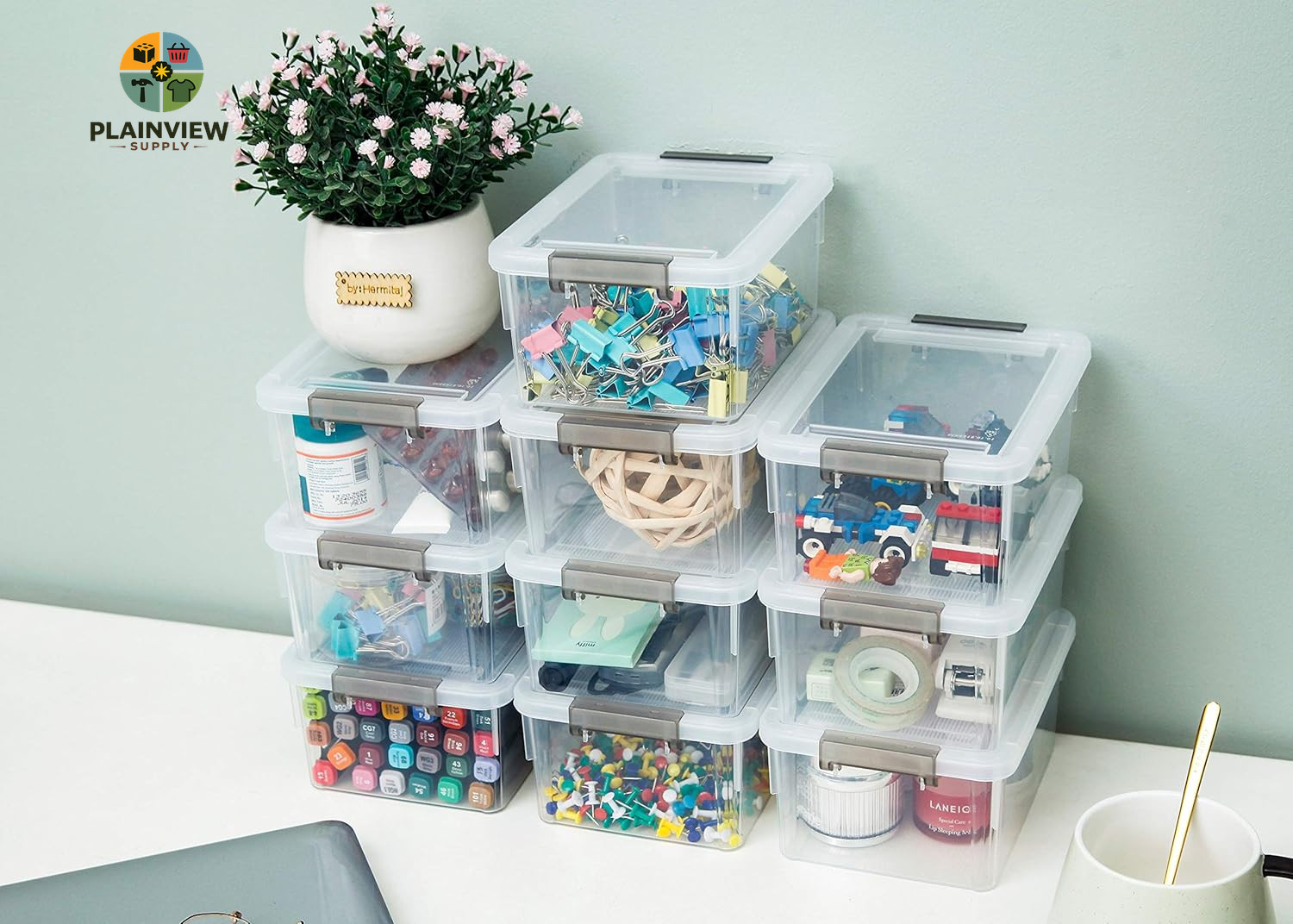 1.3 QT 10 Pack Small Storage Bins Plastic Storage Container Stackable Box with L