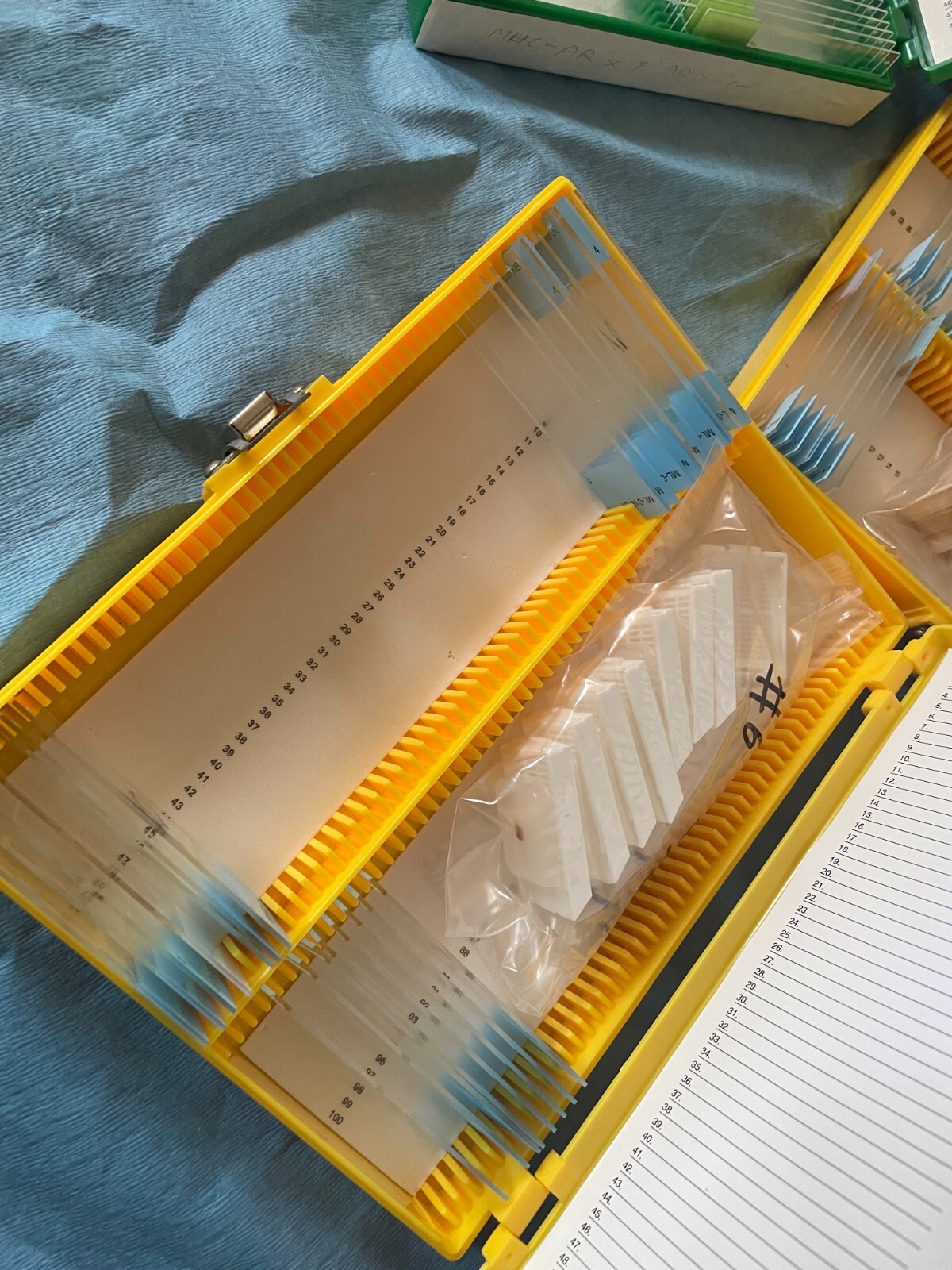 Four Microscope storage boxes with mouse tissues slides, 10,11,12,13