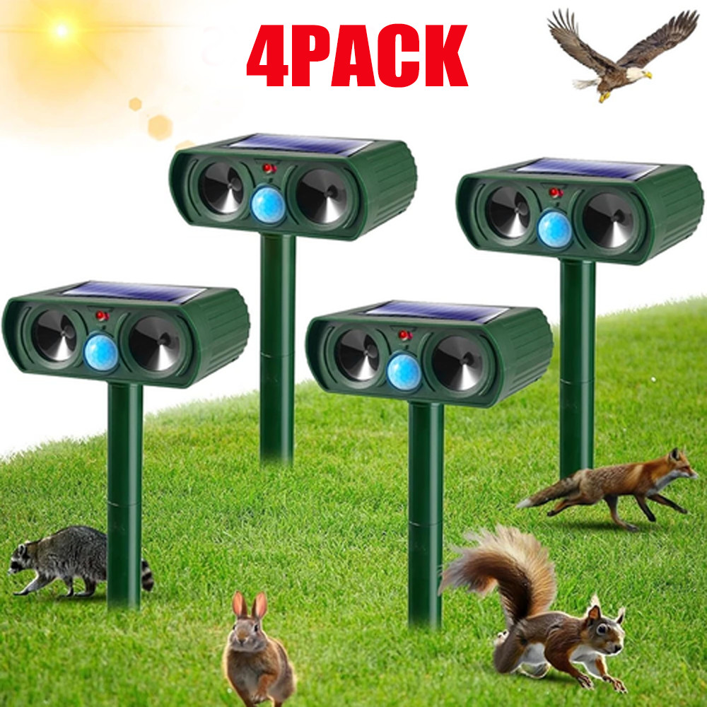 4 PACK Animal Repeller Ultrasonic Solar Power Outdoor Pest Cat Mice Deer Sensor