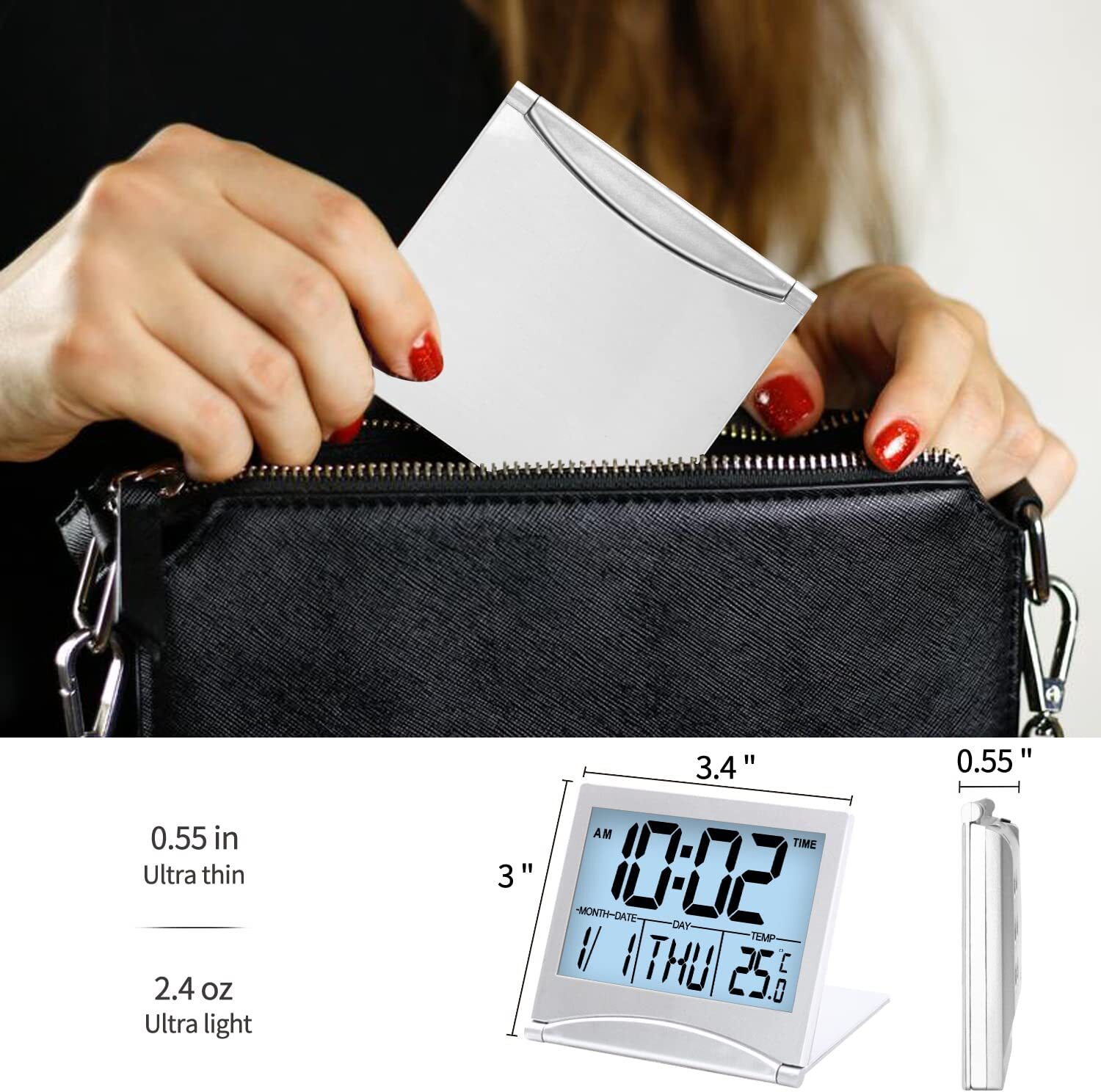 Betus Digital Travel Timer LCD Clock with Backlight - Compact LCD Desk Clock