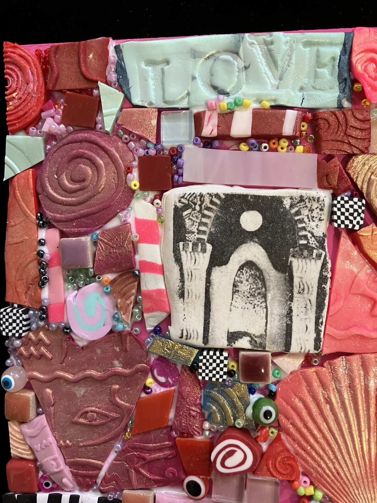 Handmade Mosaic Art “ Follow Your Bliss”Polymer Clay Original On Wood 6”x6”