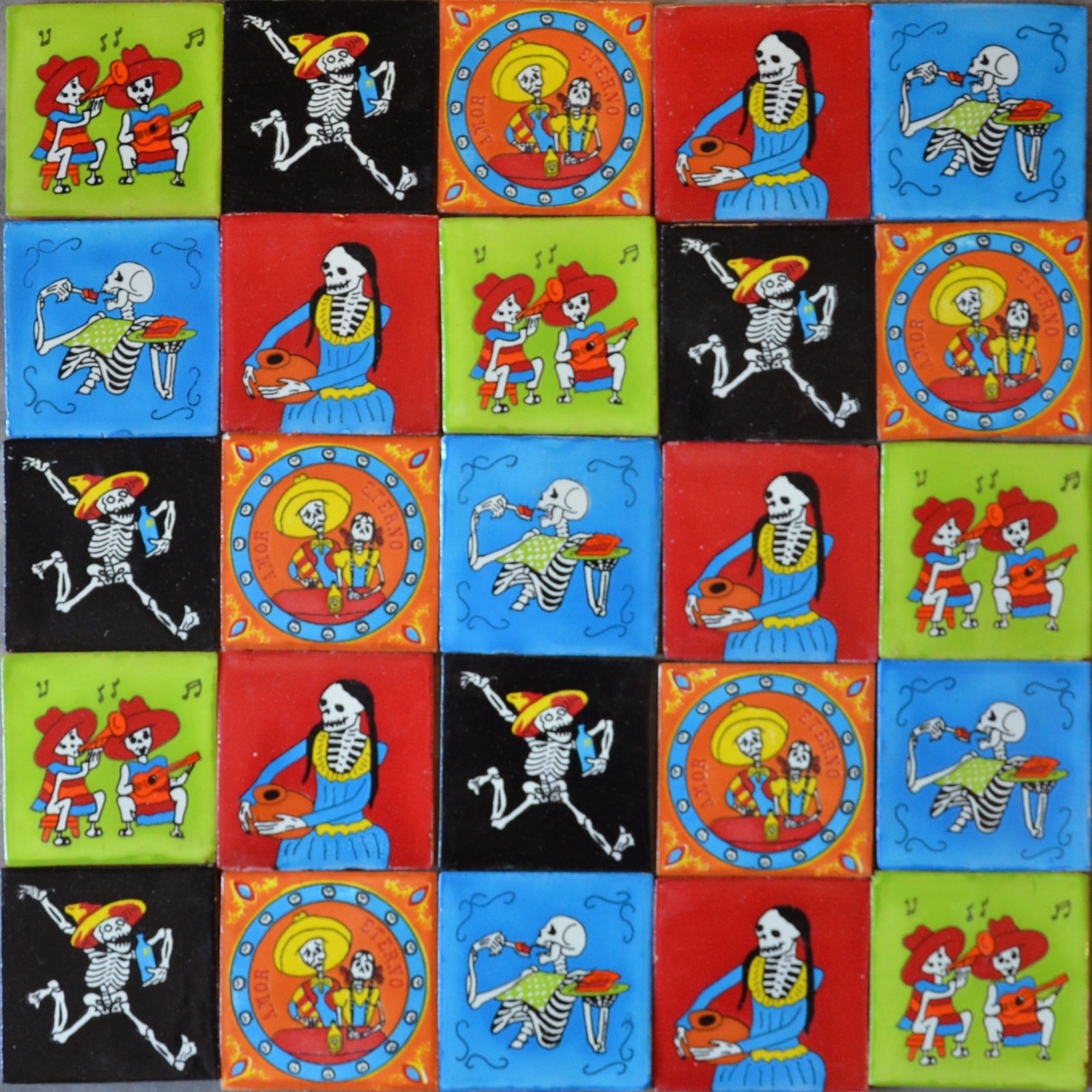 MEXICAN TILE DAY OF THE DEAD TALAVERA MOSAIC FOLK ART DIA DE LOS MUERTOS SKULLS