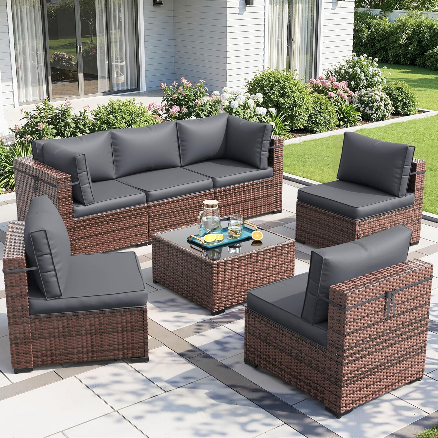 Patio Furniture Sets with Waterproof Cover, 7 Pieces Outdoor Rattan Sectional So