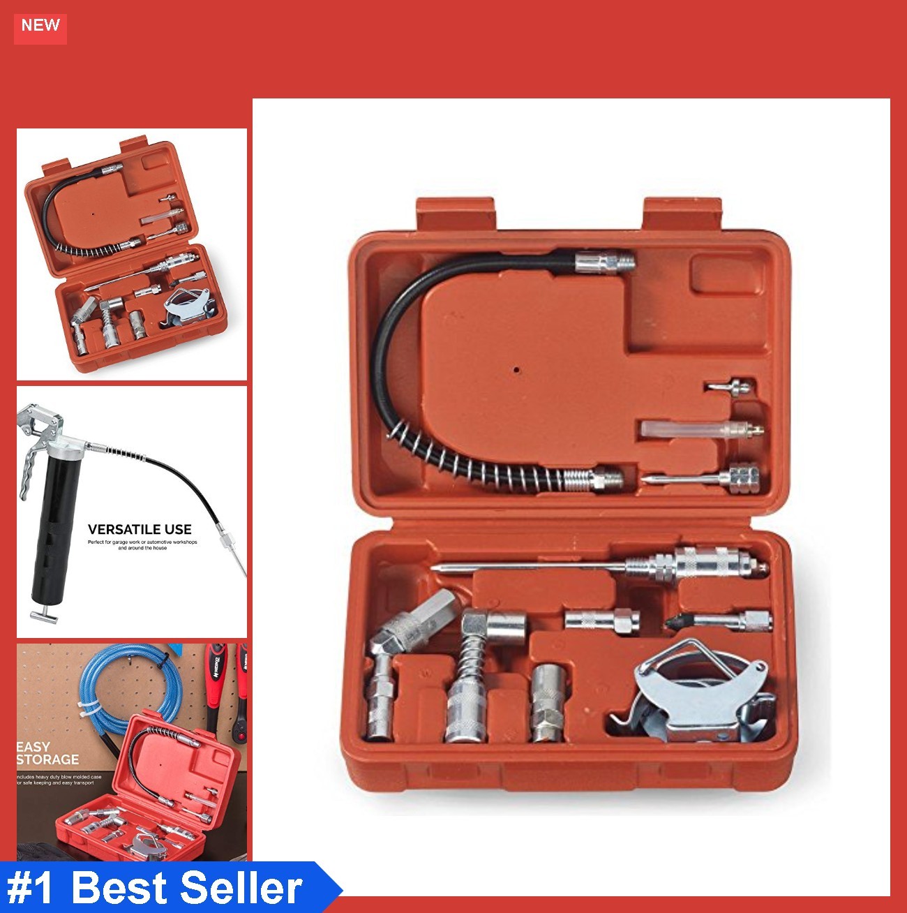 Grease Gun Accessory Kit 12 Inch Flexible Hose Swivel Coupler Needle Adaptor