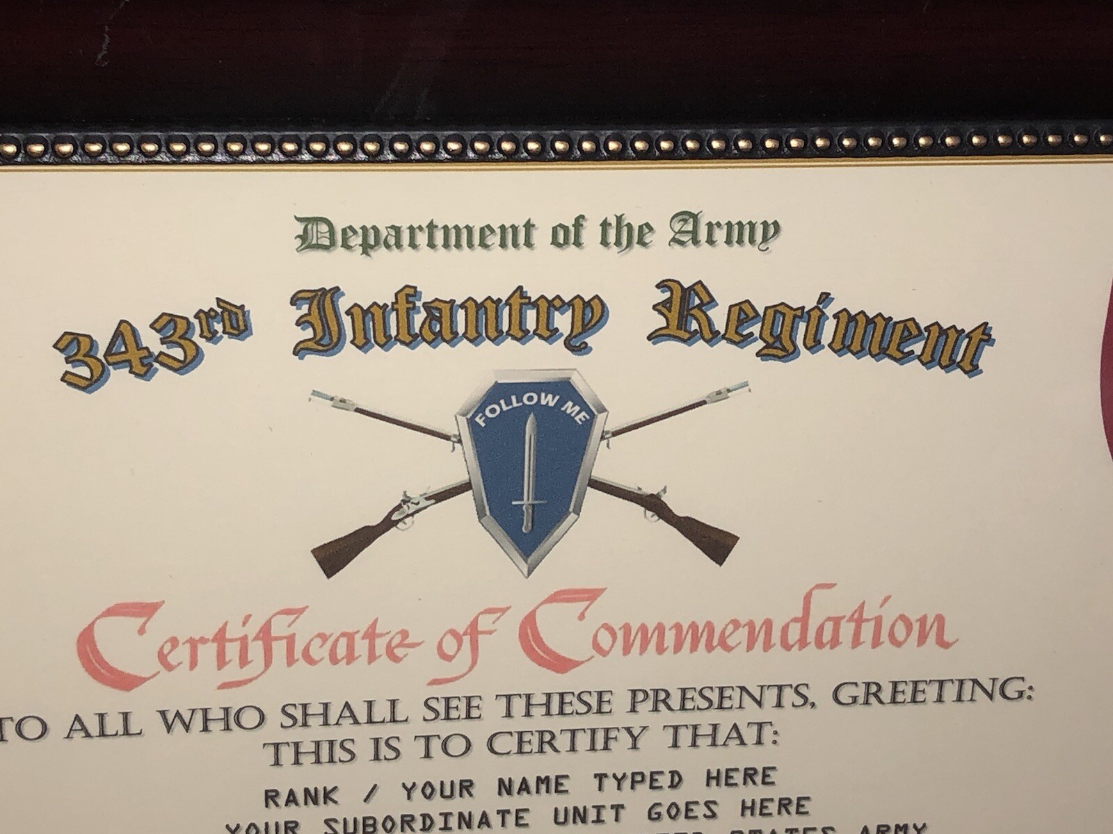 343RD INFANTRY REGIMENT / COMMEMORATIVE - CERTIFICATE OF COMMENDATION