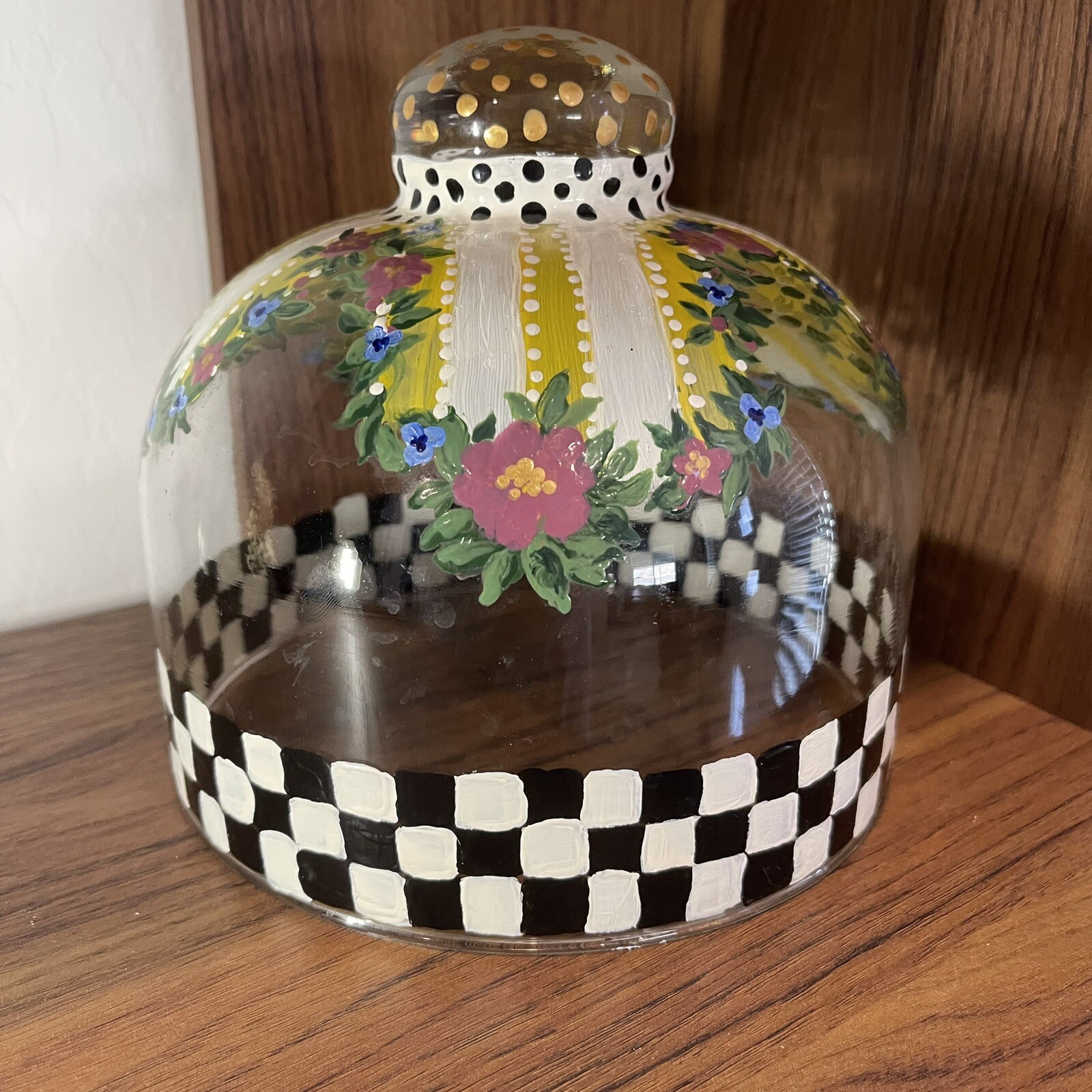 Cheese Dome/Cake Dome Hand Painted with Flowers, Black & White Checks, Dots