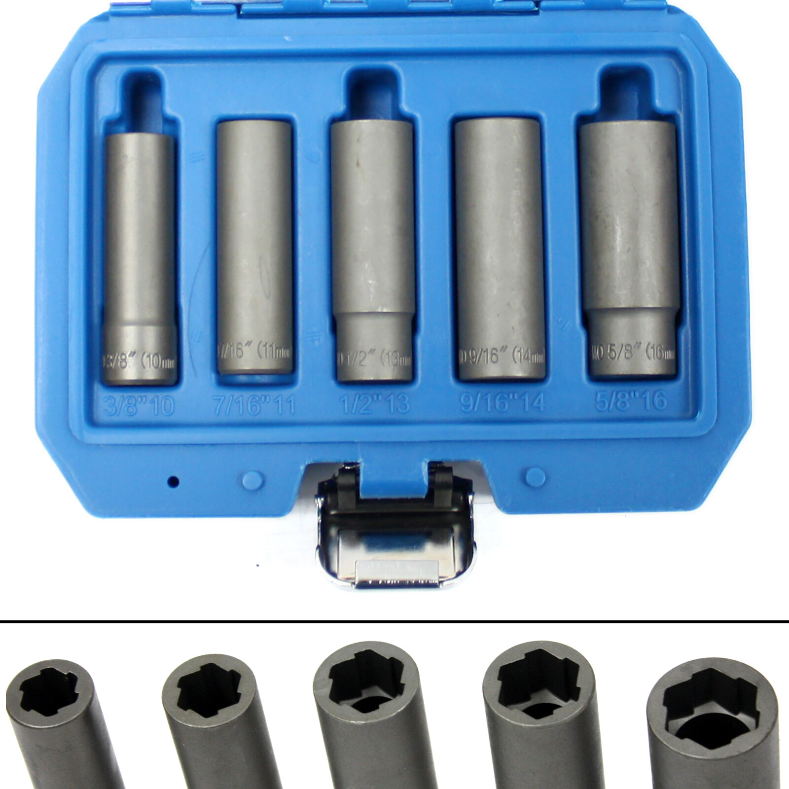 5pc Damaged Nut Bolt Remover Extractor Twist Socket Set Long 10-16mm 3/8 to 5/8"