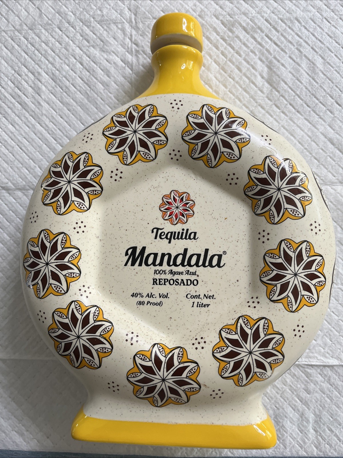 MANDALA Tequila Reposado Round Design Empty Ceramic Collector Yellow Bottle