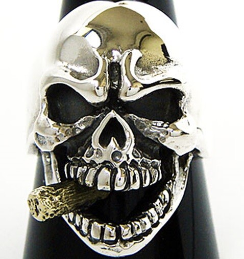 GOLD CIGAR SKULL SOLID 925 STERLING SILVER BAND RING