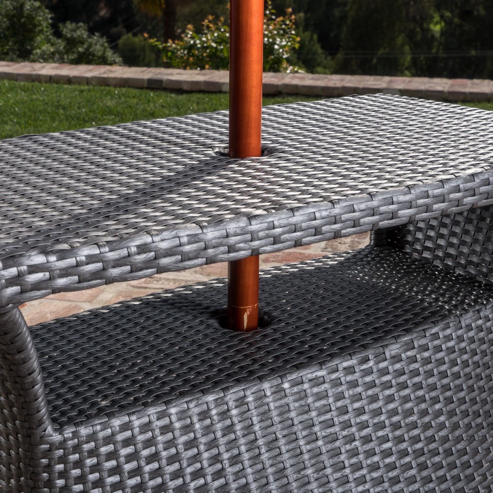 Outdoor Patio Side Table with Umbrella Hole, Shelf & Storage, Grey Rattan