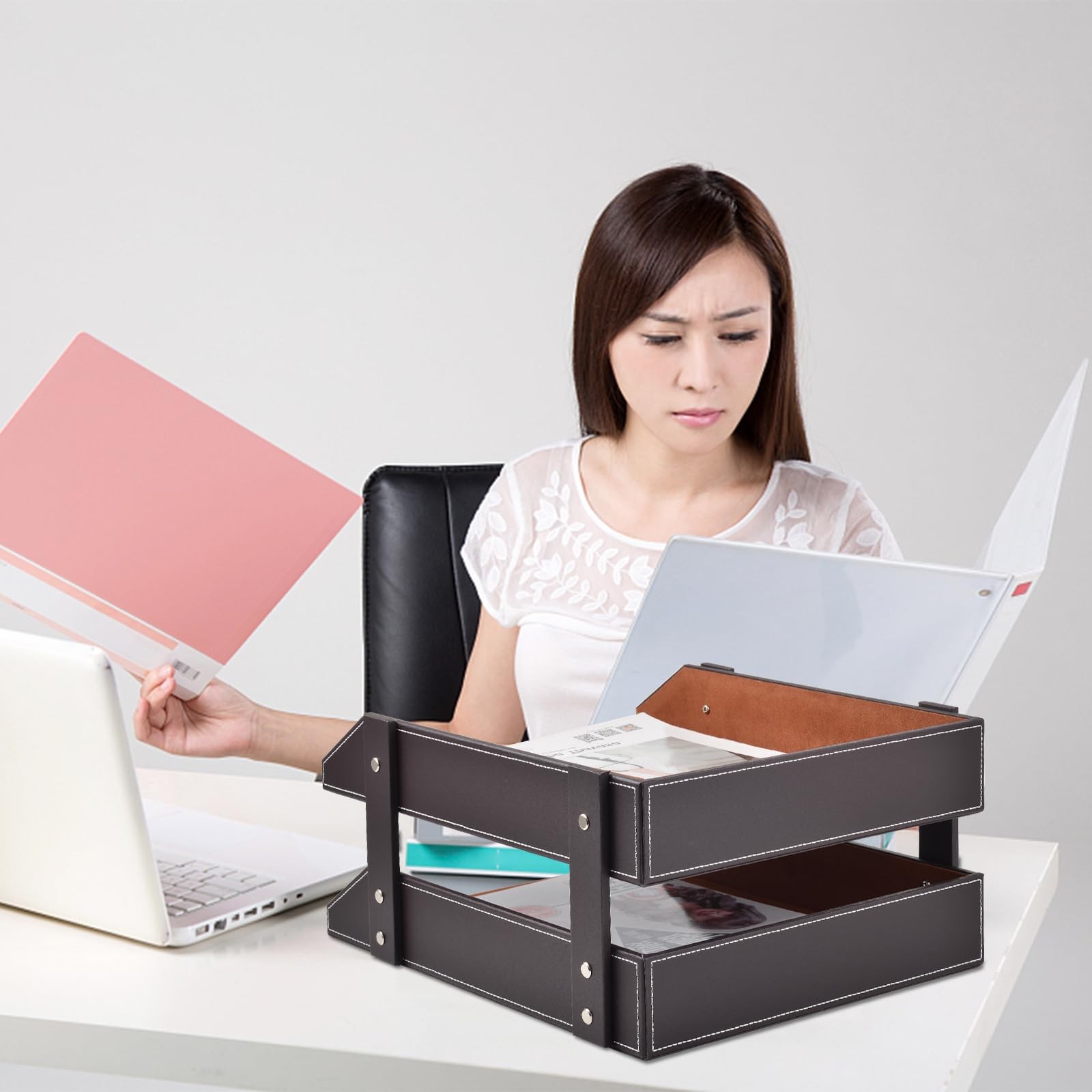 Leather Desk Organizer,2-Tier Stackable Letter Tray Holder,Office Supplies De...