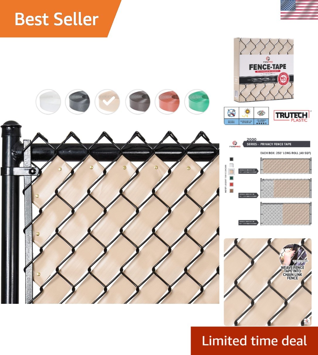 90% Privacy Blockage - Desert Tan Chain Link Fence Privacy Tape, 250 ft Roll