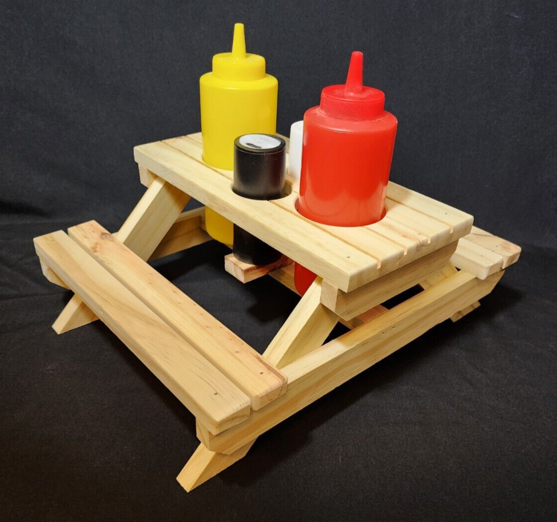 Picnic Table Condiment Caddy Holder Rack Solid Wood Hot Dog Ketchup Mustard S&P
