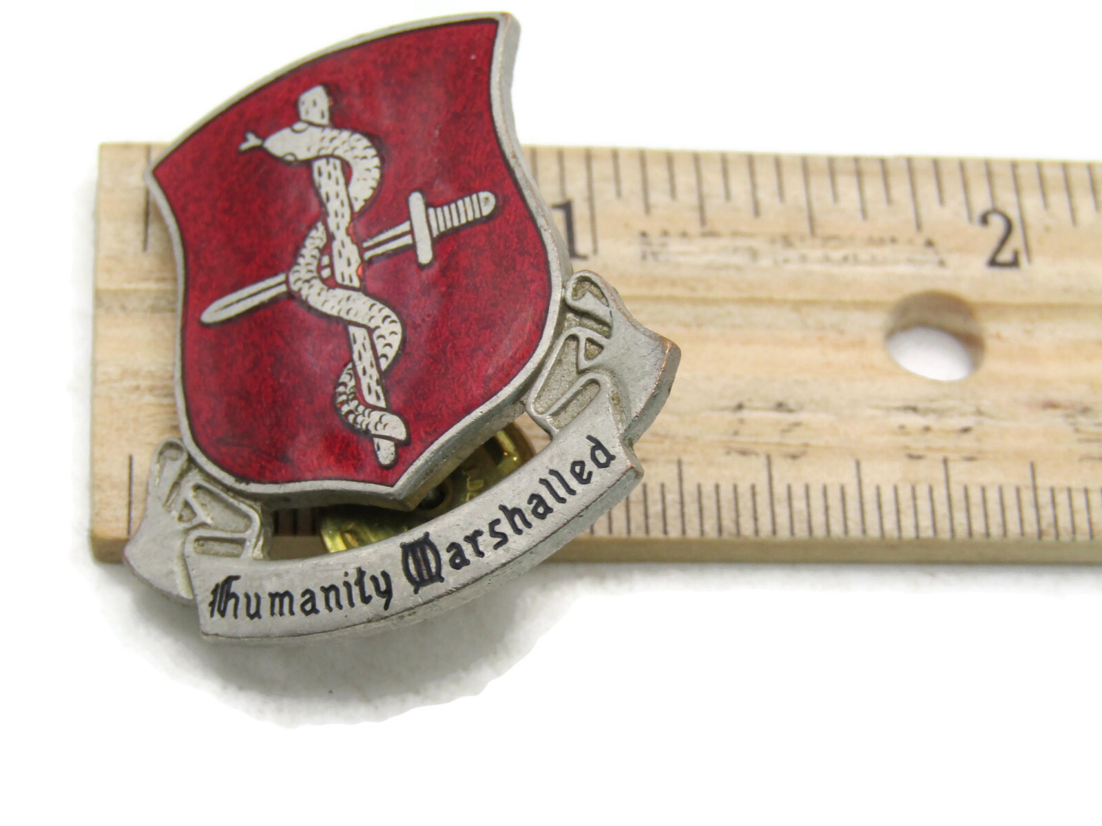 Vintage US Army MEDDAC Fort Stewart DUI Pin Badge Humanity Marshalled Red Enamel
