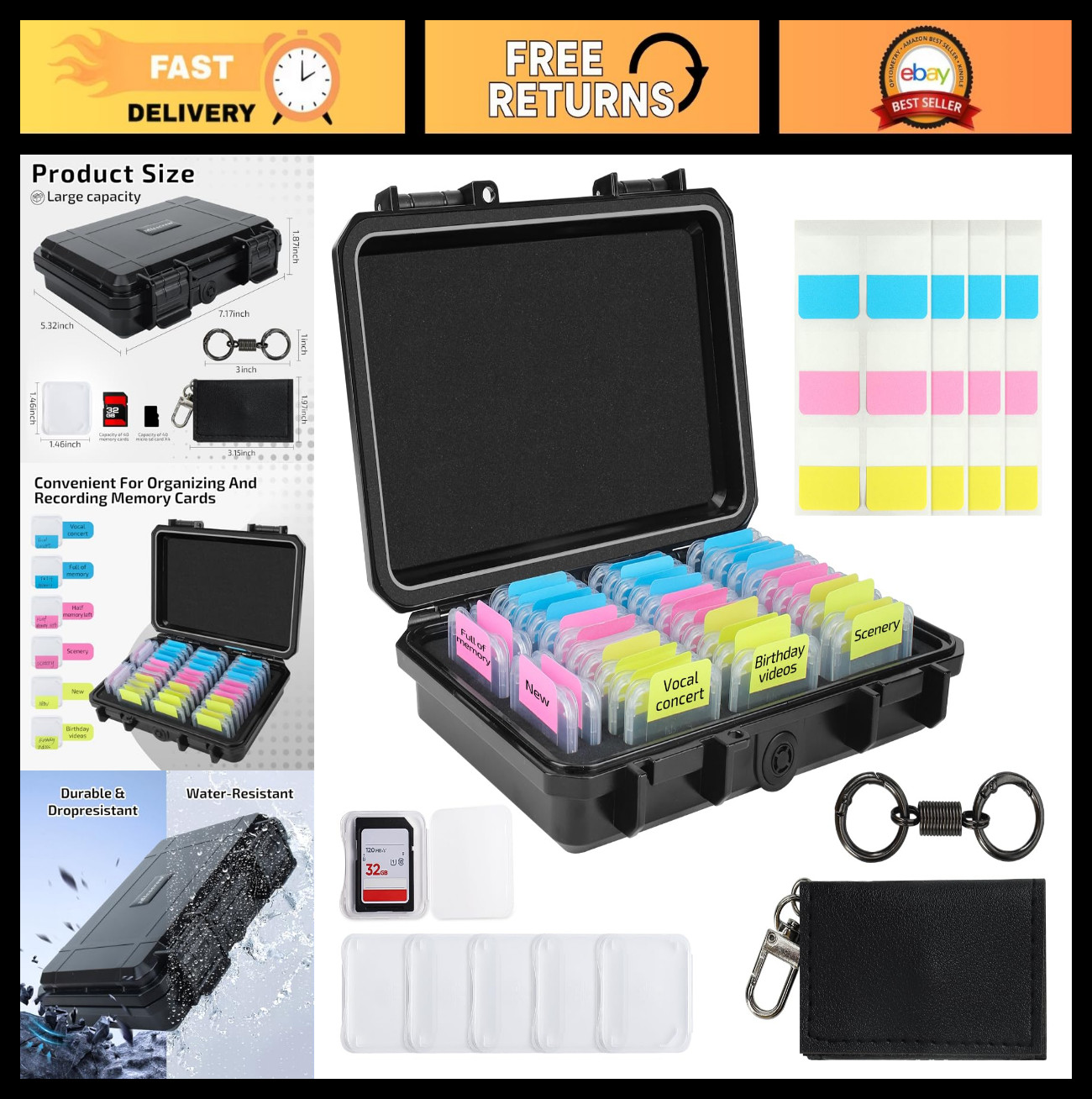 37 Slots Memory Card Case with 36 Clear Card Holders & 60 Sticky Notes - Water-R