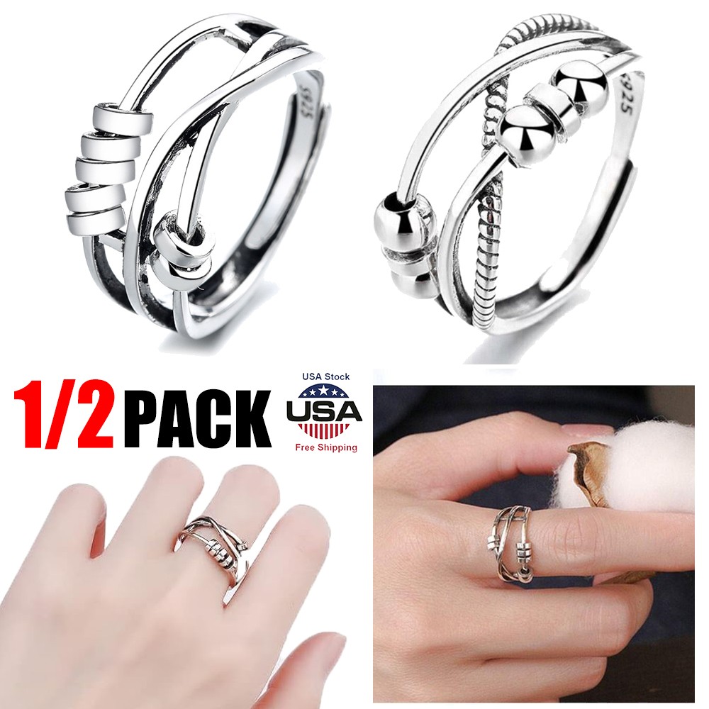 1/2x Womens Anxiety Fidget Open Ring Stress Relief Rotatable Beads Spinner Rings