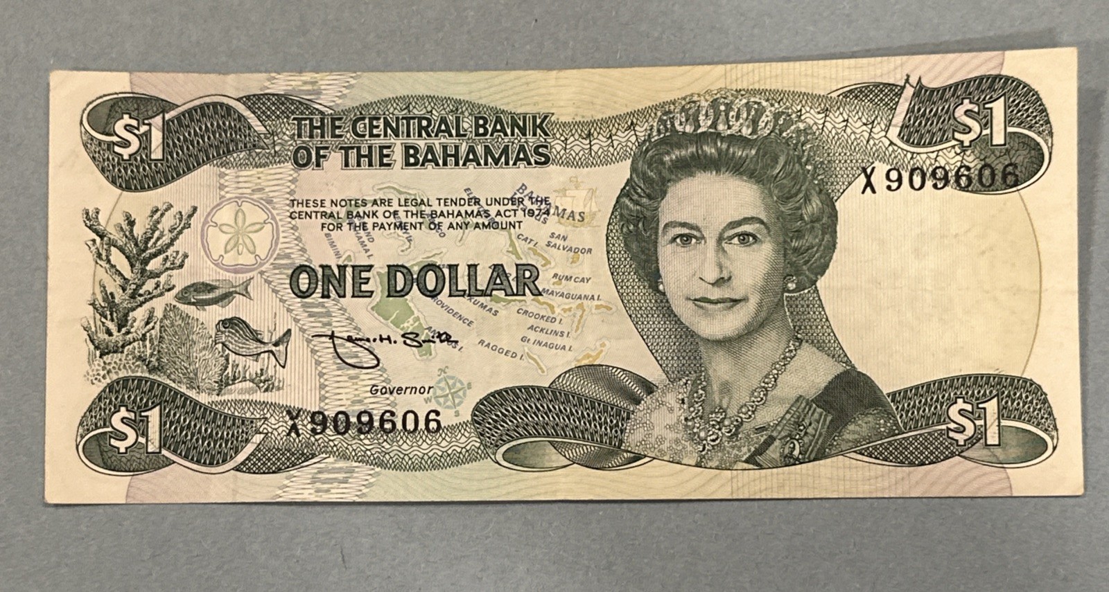 Central Bank of the Bahamas $1 Dollar Bank Note 1974 Fancy Serial Number X909606