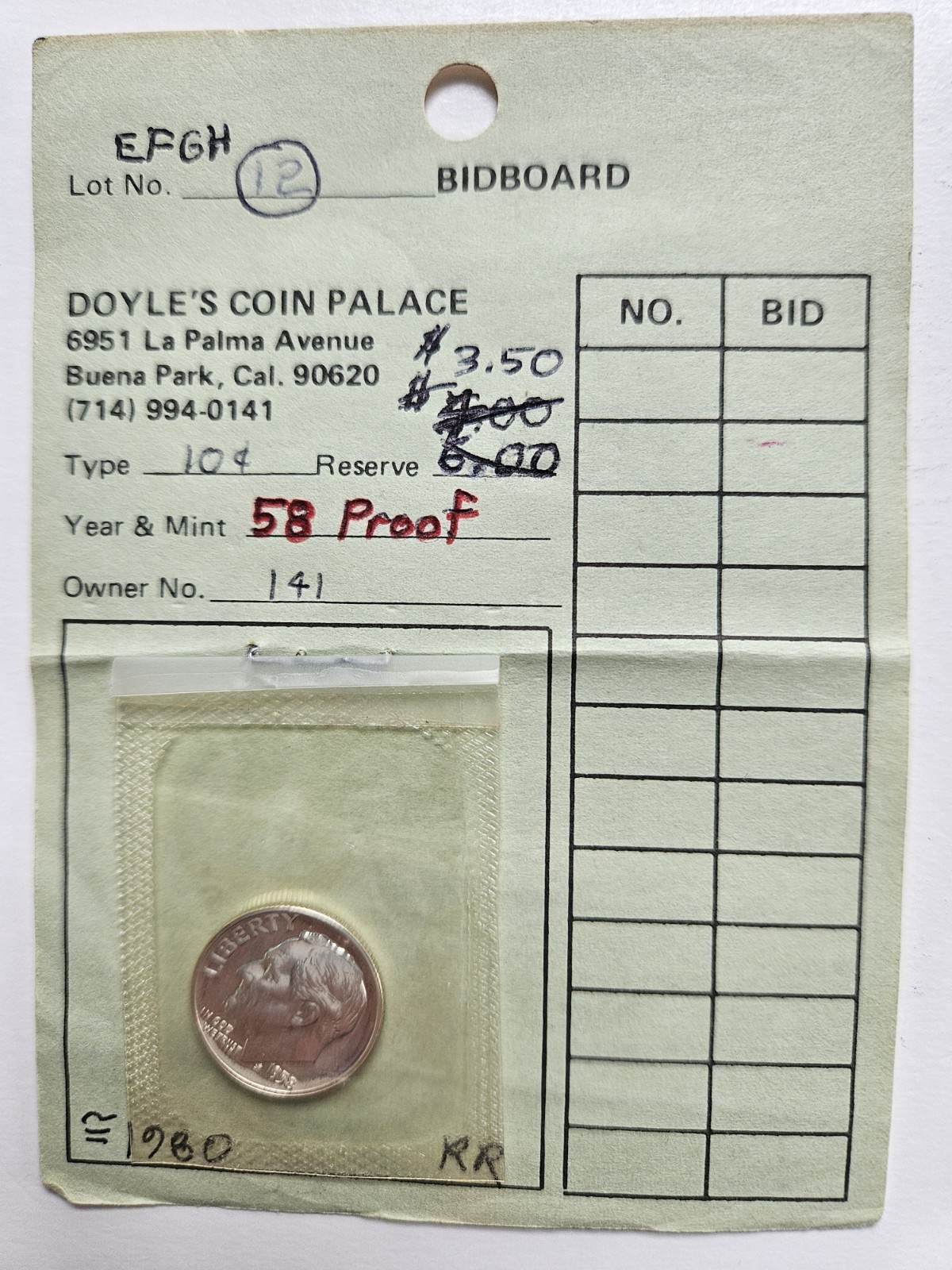 1958 Proof Roosevelt Dime, 90% Silver