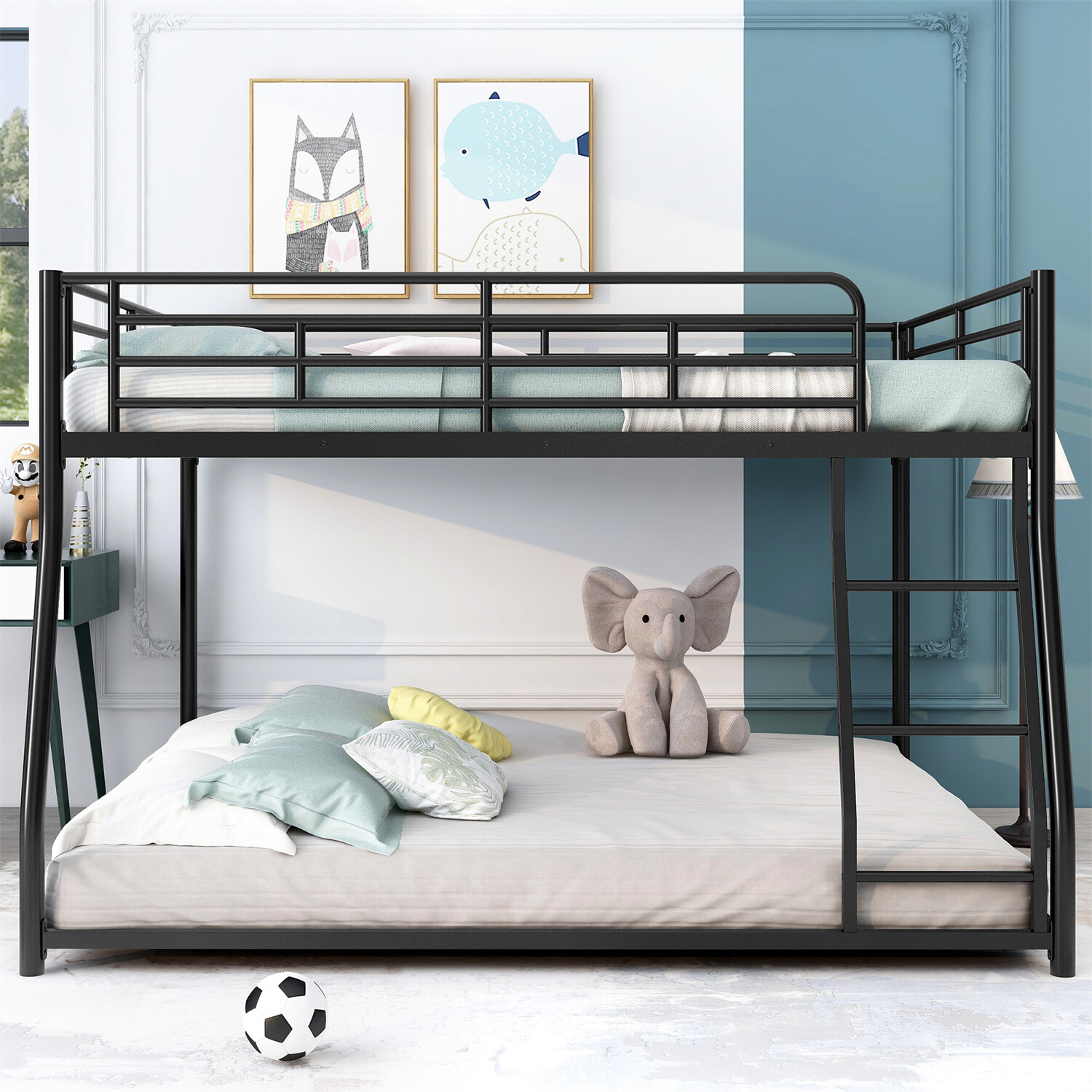 Full XL Over Queen Bunk Bed Heavy Duty Metal Floor Bunk Bed Frame with Ladder