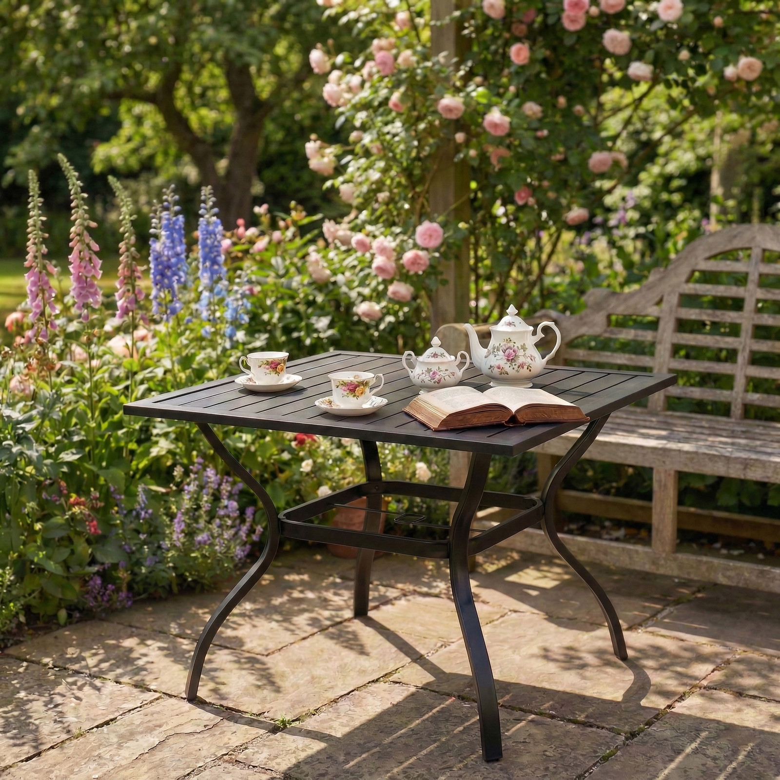 Metal Steel Slat Patio Dining Table Square Backyard Bistro Table Outdoor Furnitu