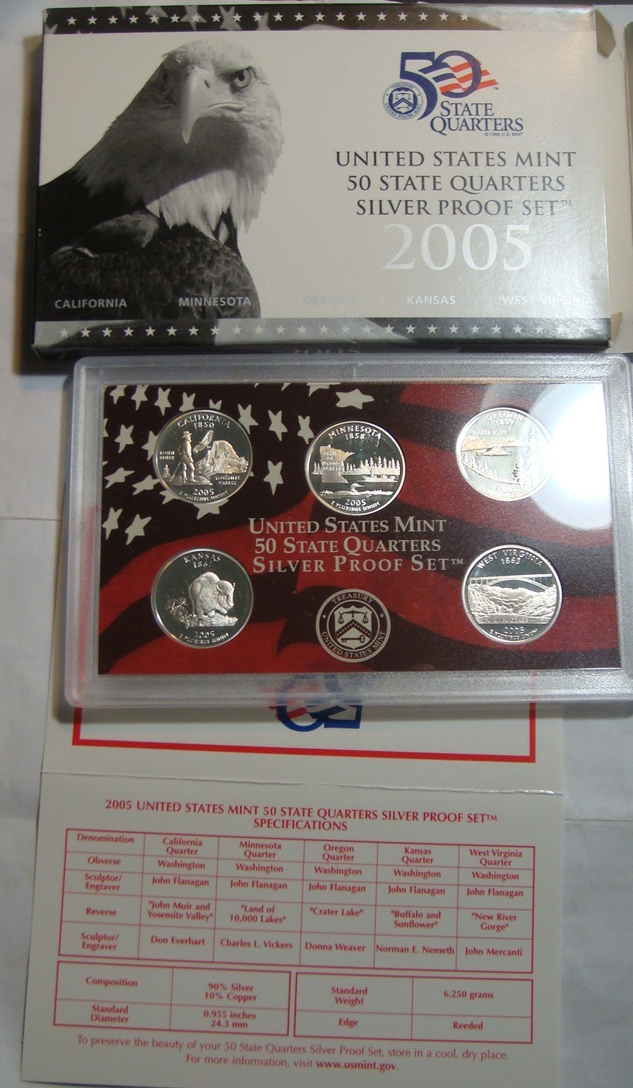 2005-S Silver State Quarter Proof Set 5 Coins OGP & COA 90%