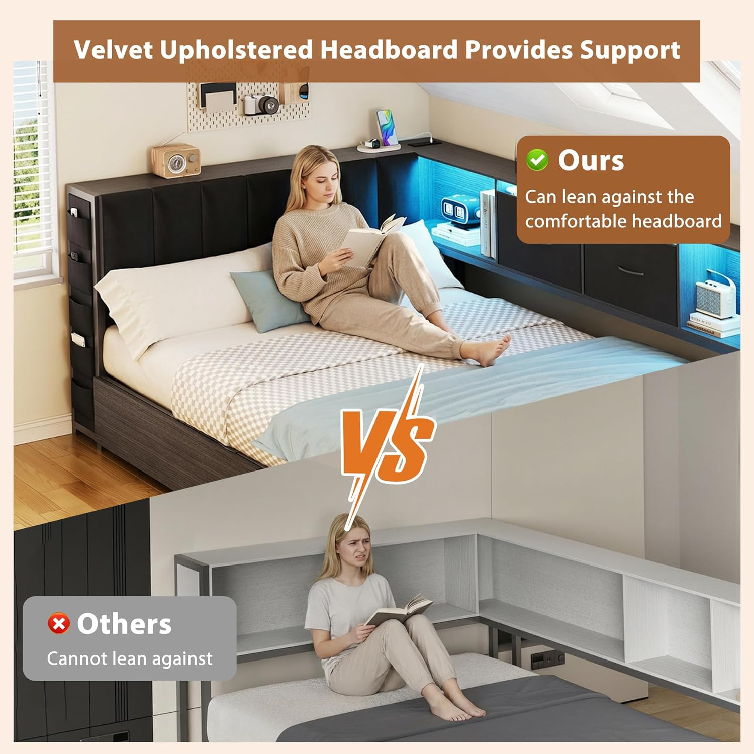 Full Corner Bed Frame with Upholstered Storage Headboard and Drawers, Metal Plat