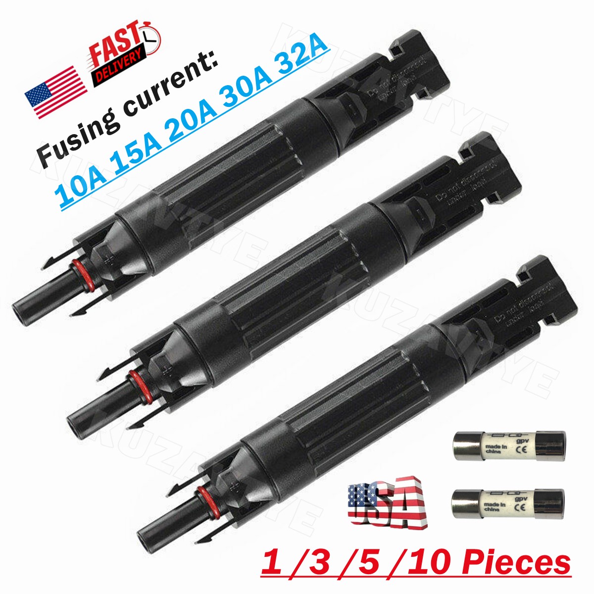 10A 15A 20A 30A 32A in-line Fuse Holder with Fuses PV Connectors 1/3/5/10 Pieces