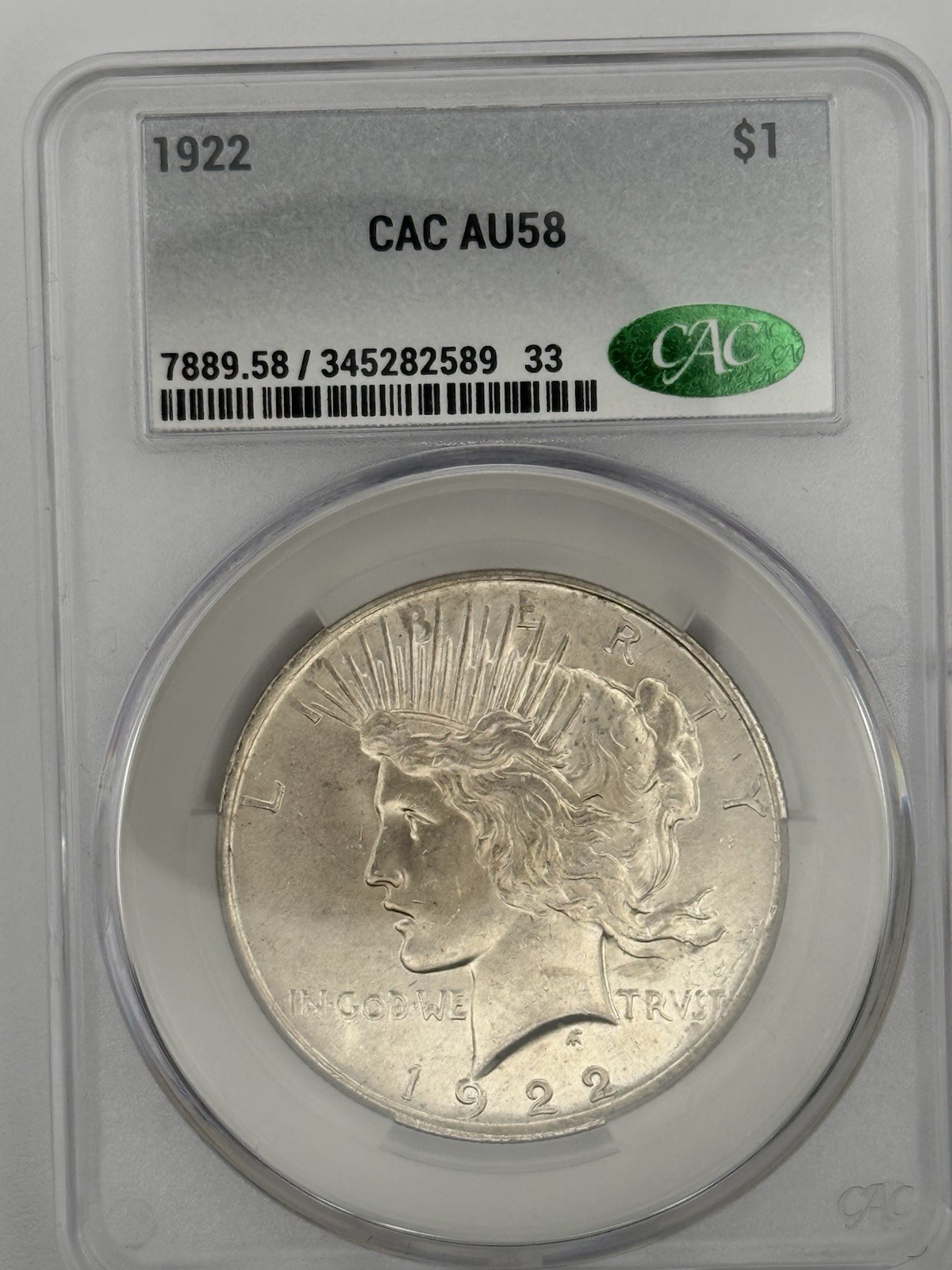 1922 Peace Dollar $1 Silver Philadelphia Business Strike CAC AU58